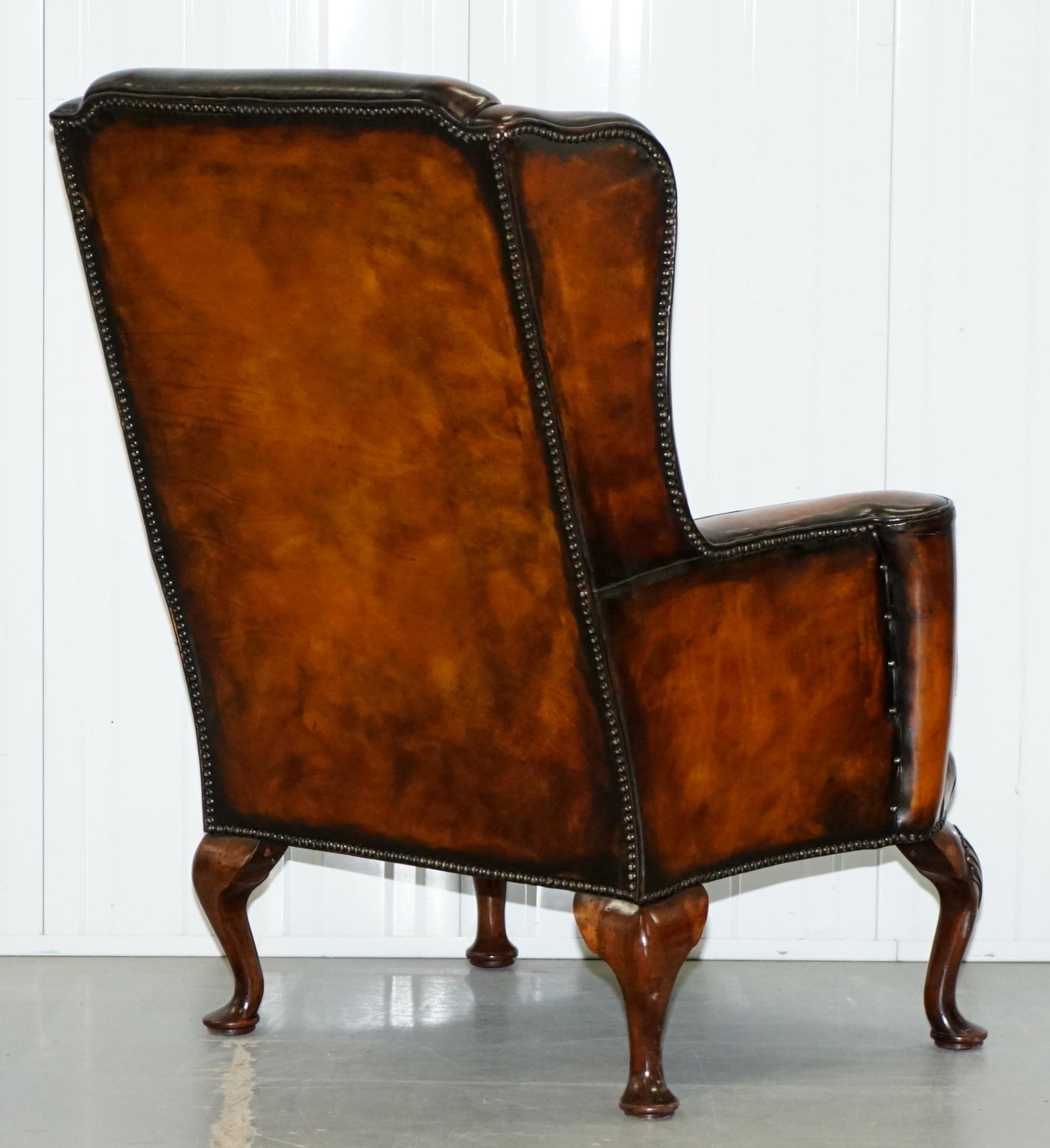 Restored Pair of 18th Century George III Style Wingback Brown Leather Armchairs 7