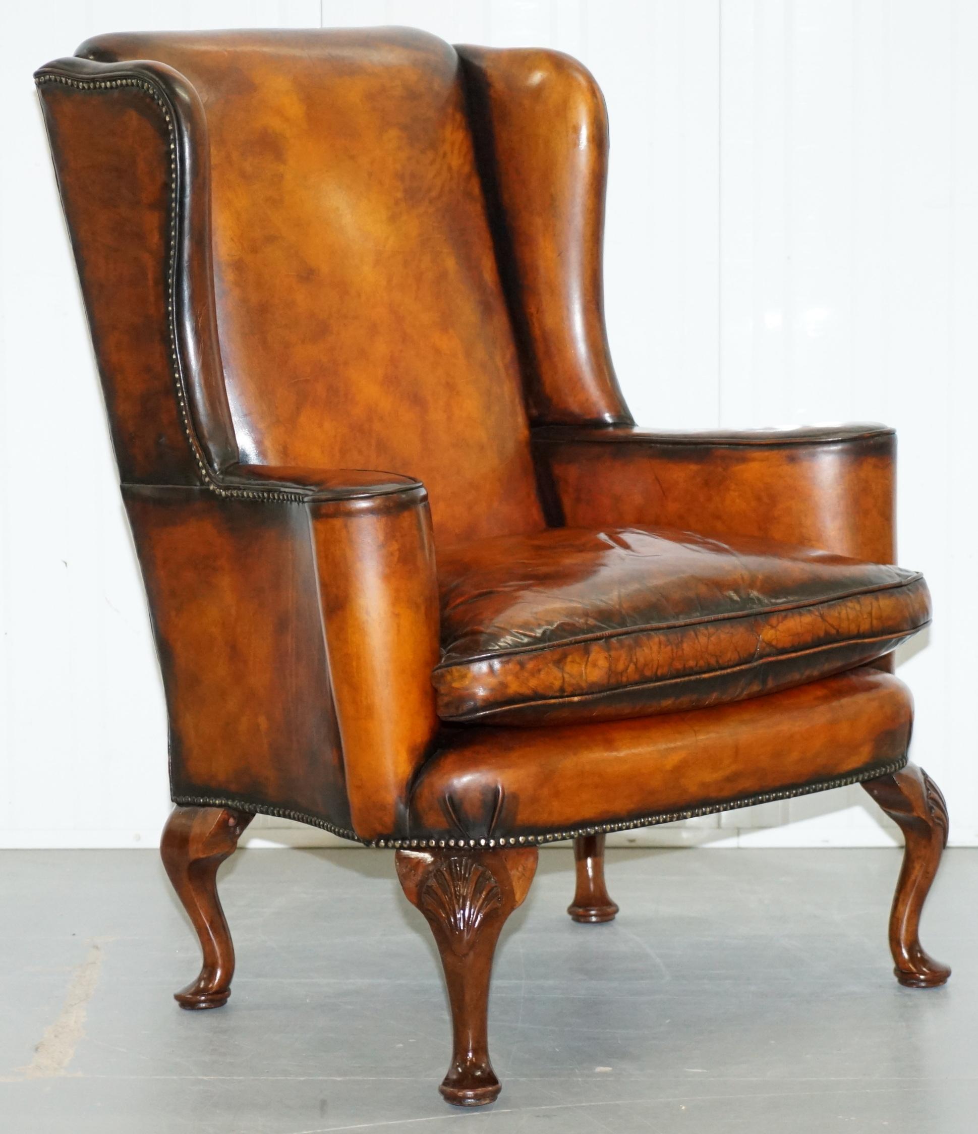 Restored Pair of 18th Century George III Style Wingback Brown Leather Armchairs 9