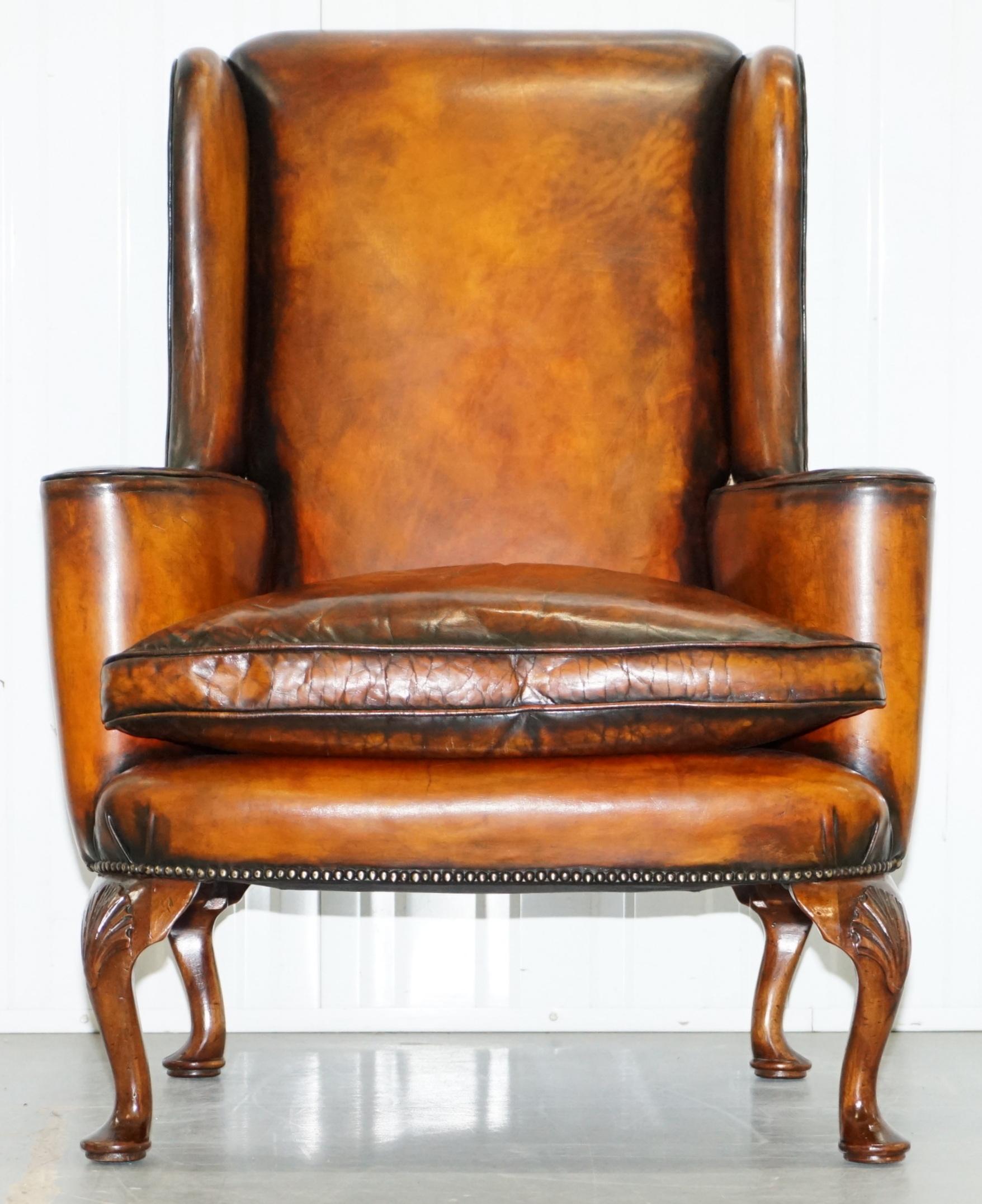 Restored Pair of 18th Century George III Style Wingback Brown Leather Armchairs 10