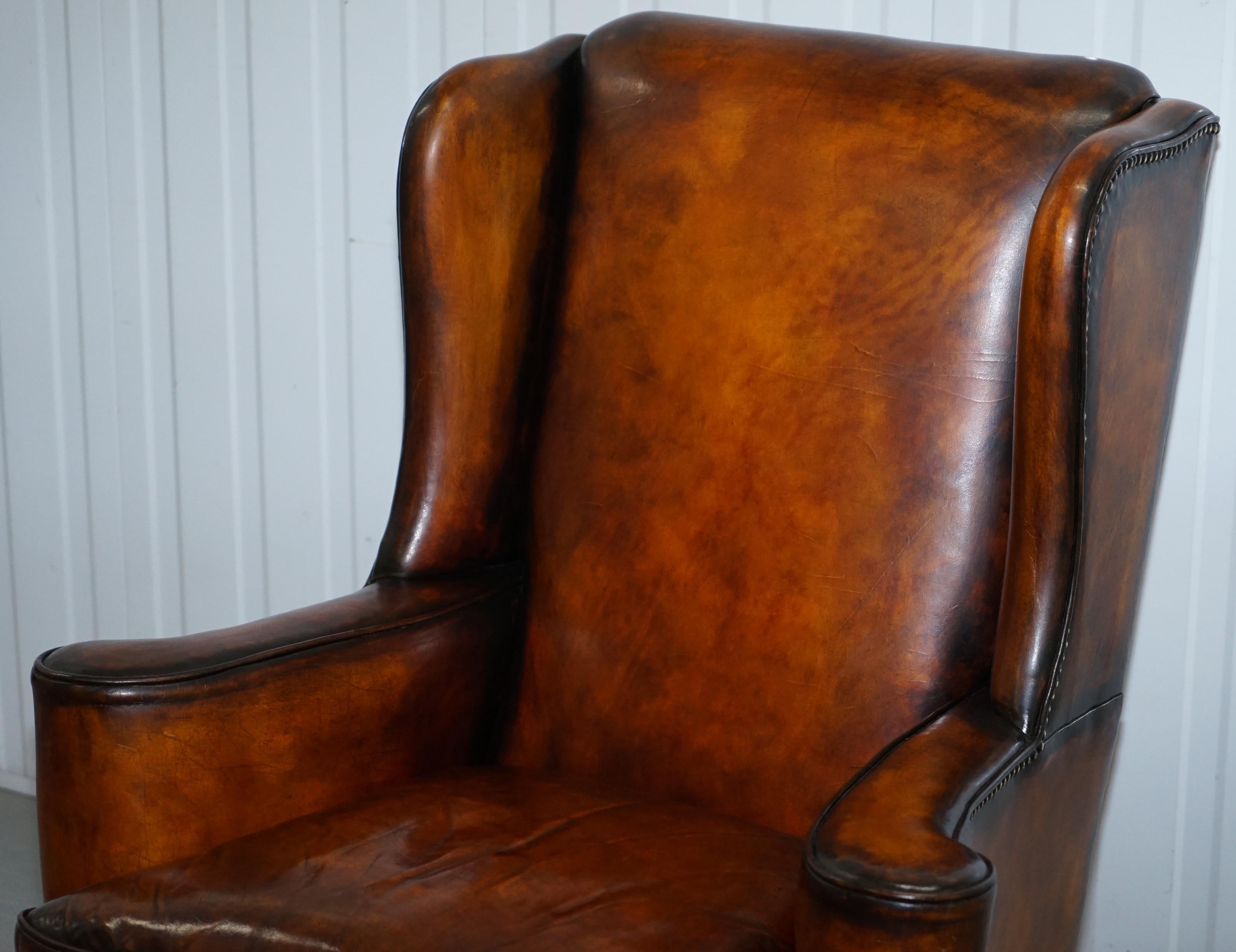 Restored Pair of 18th Century George III Style Wingback Brown Leather Armchairs 11