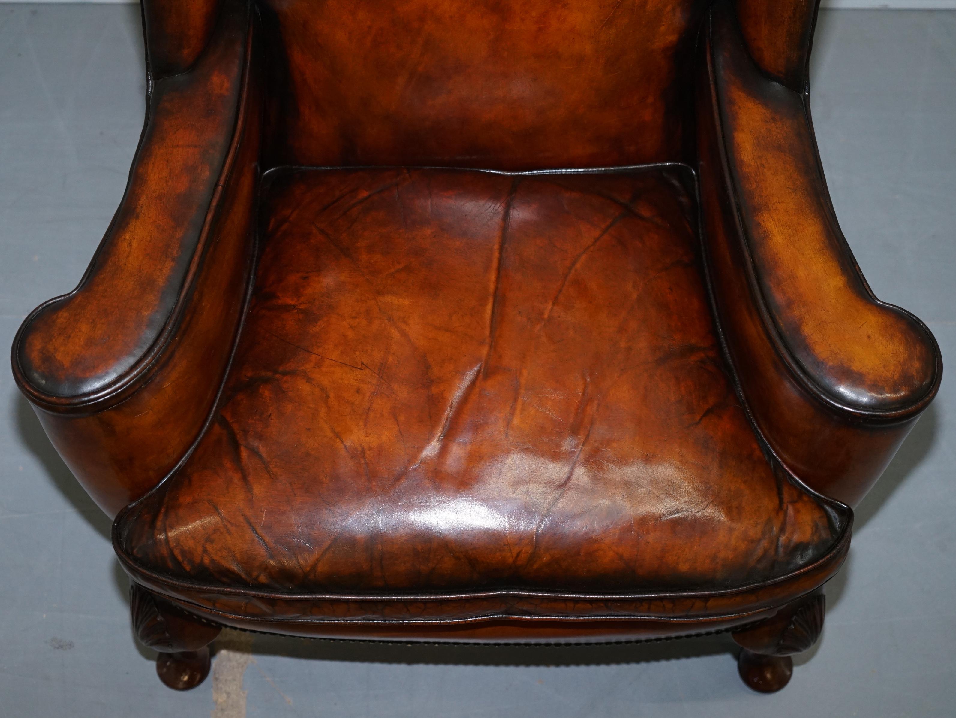 Restored Pair of 18th Century George III Style Wingback Brown Leather Armchairs 12