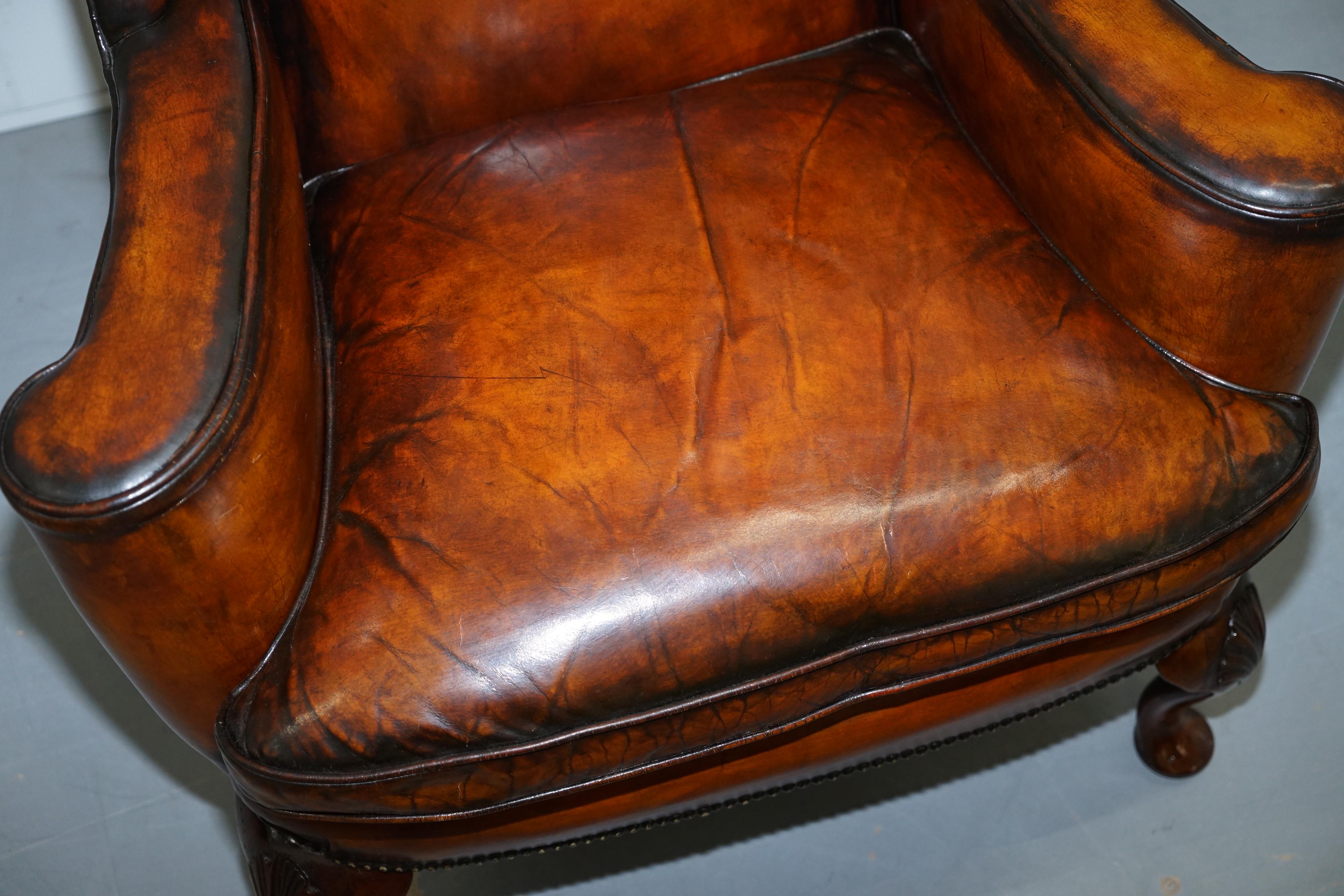 Restored Pair of 18th Century George III Style Wingback Brown Leather Armchairs 13