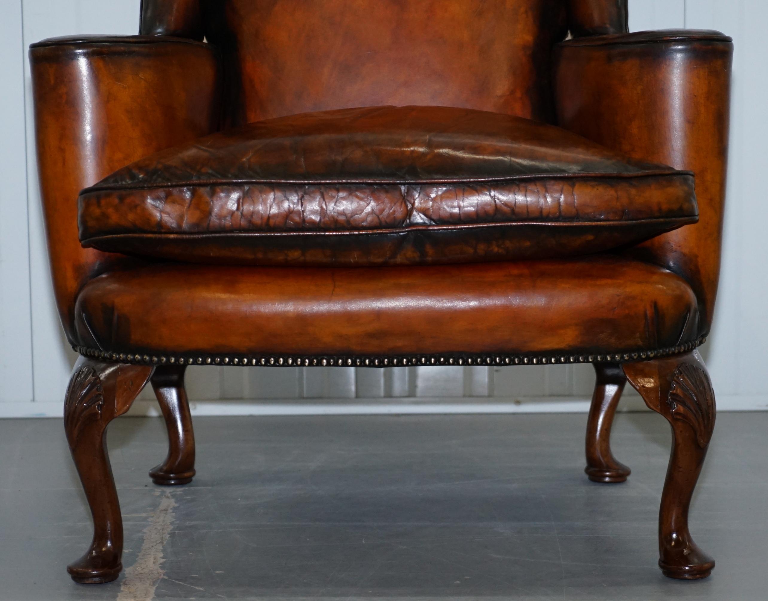 Restored Pair of 18th Century George III Style Wingback Brown Leather Armchairs 14