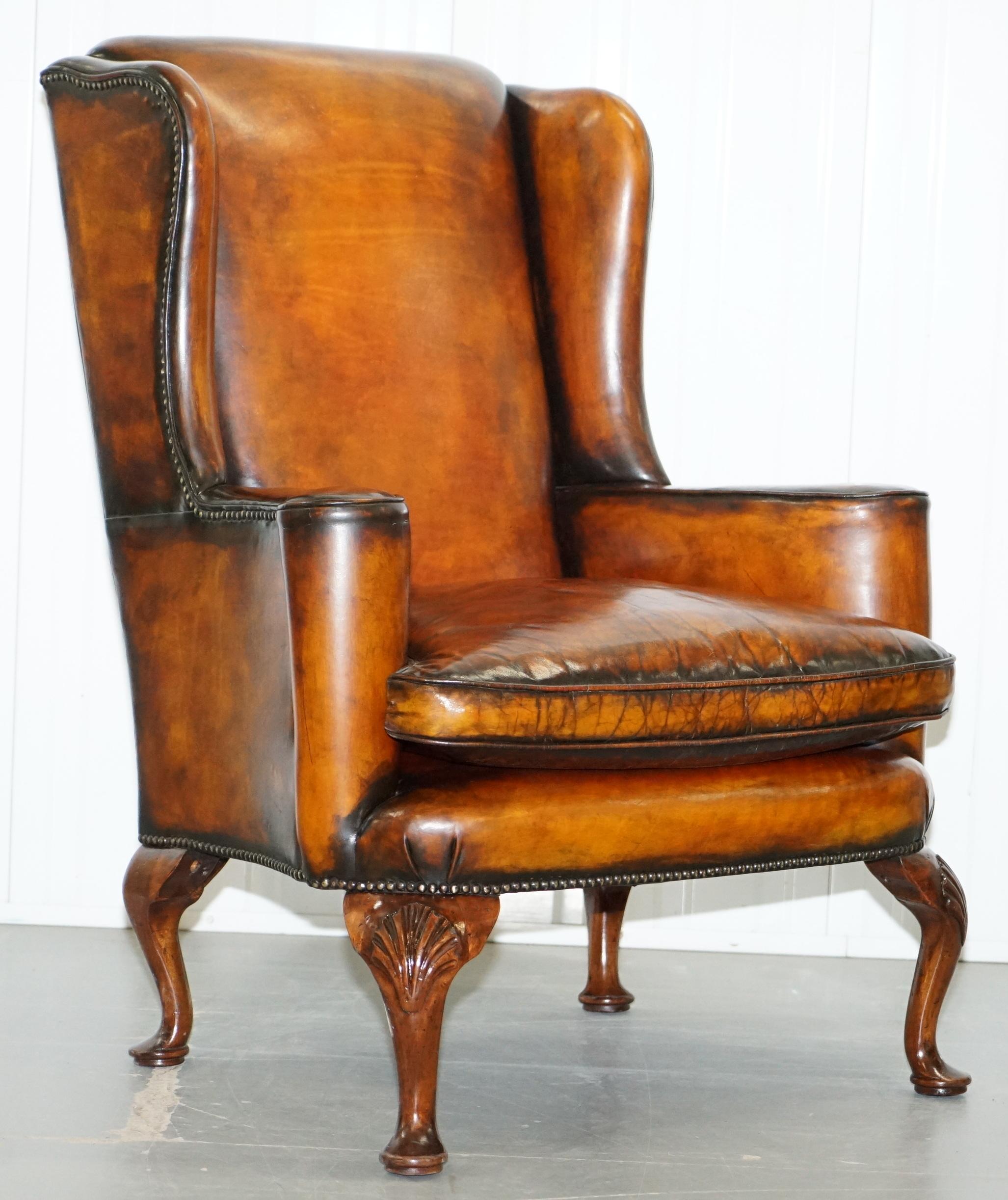We are delighted to offer for sale this stunning and very rare pair of George III 18th century style fully restored brown leather wingback armchairs

A simply glorious pair, the frames have the traditional George III flat top arms, they are the