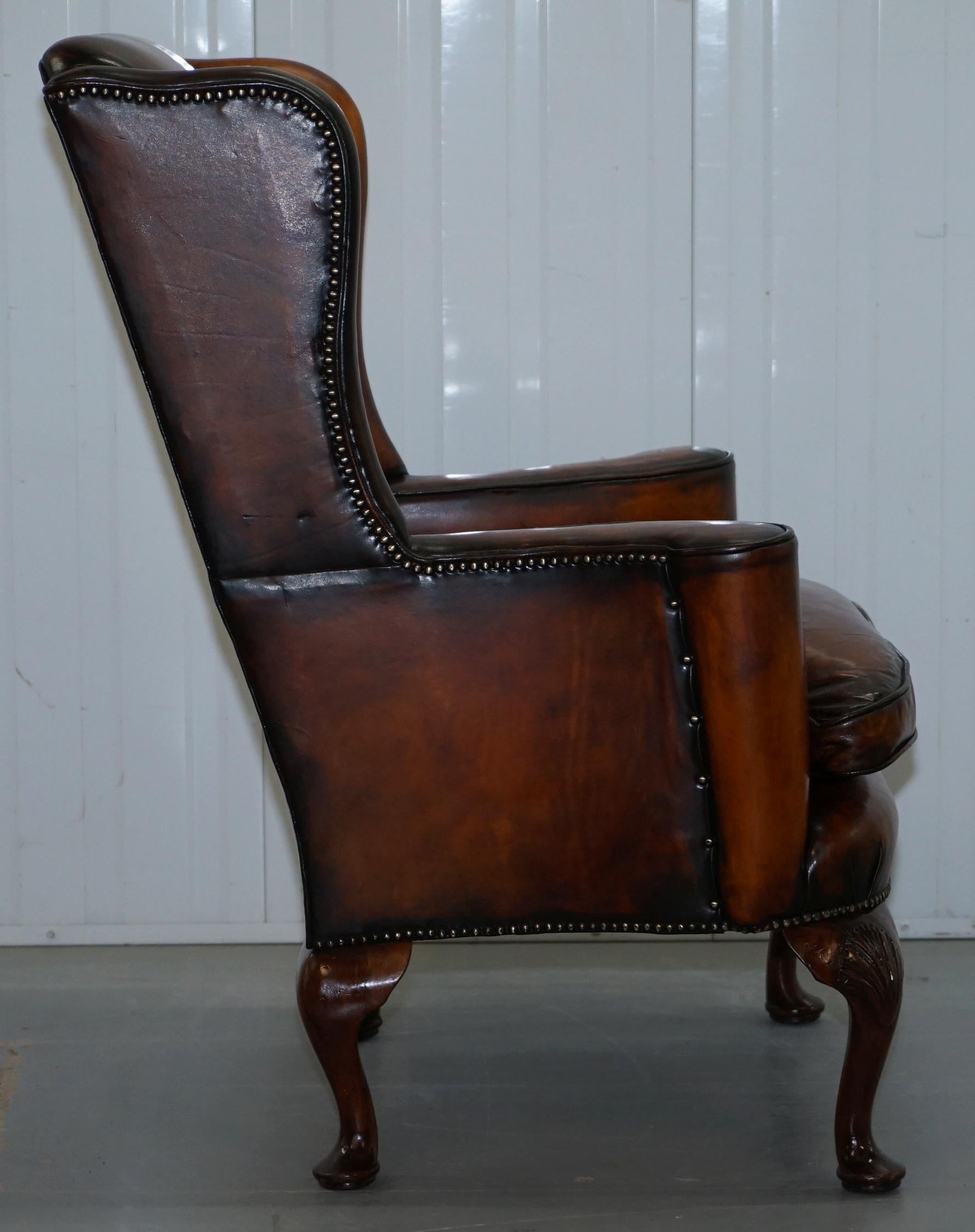 Restored Pair of 18th Century George III Style Wingback Brown Leather Armchairs 15