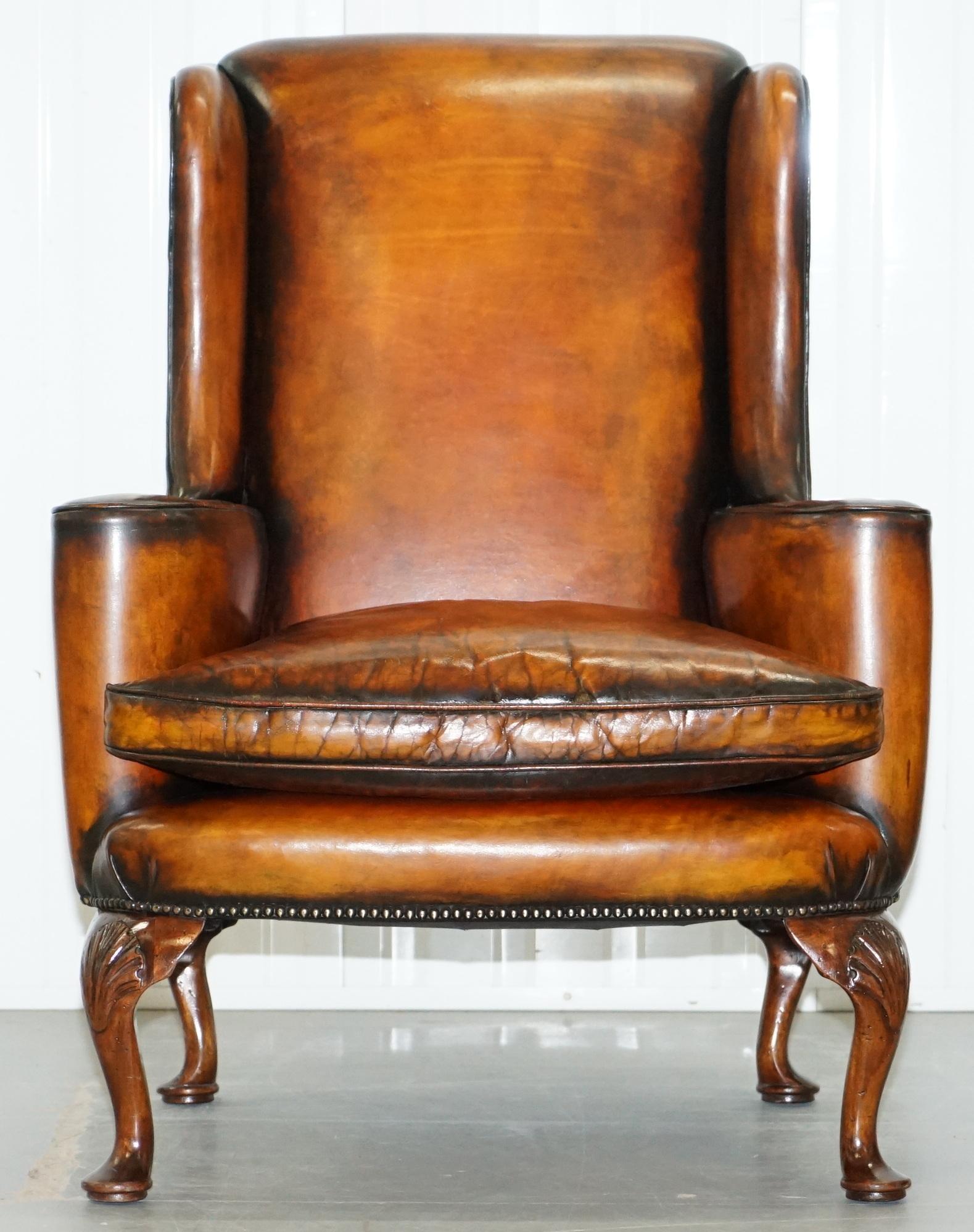 English Restored Pair of 18th Century George III Style Wingback Brown Leather Armchairs