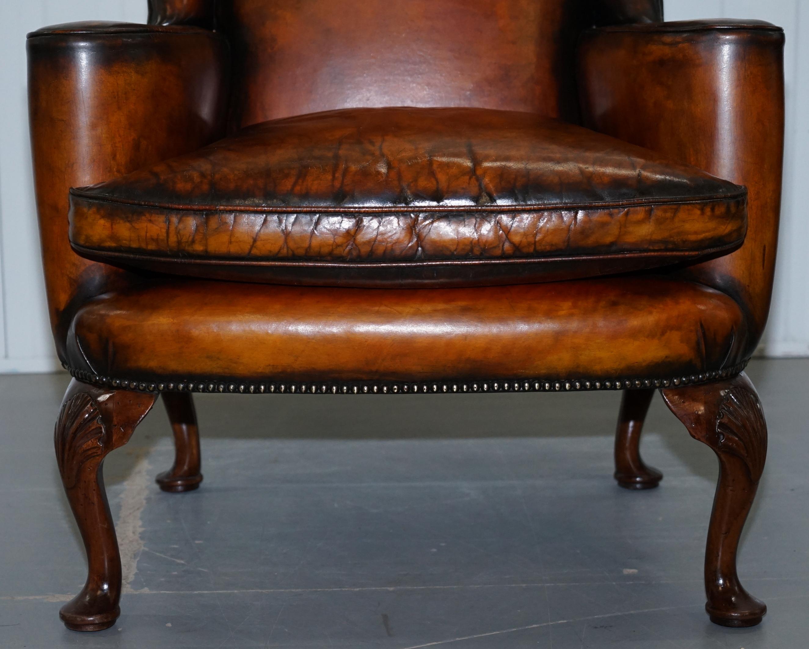 Hand-Crafted Restored Pair of 18th Century George III Style Wingback Brown Leather Armchairs