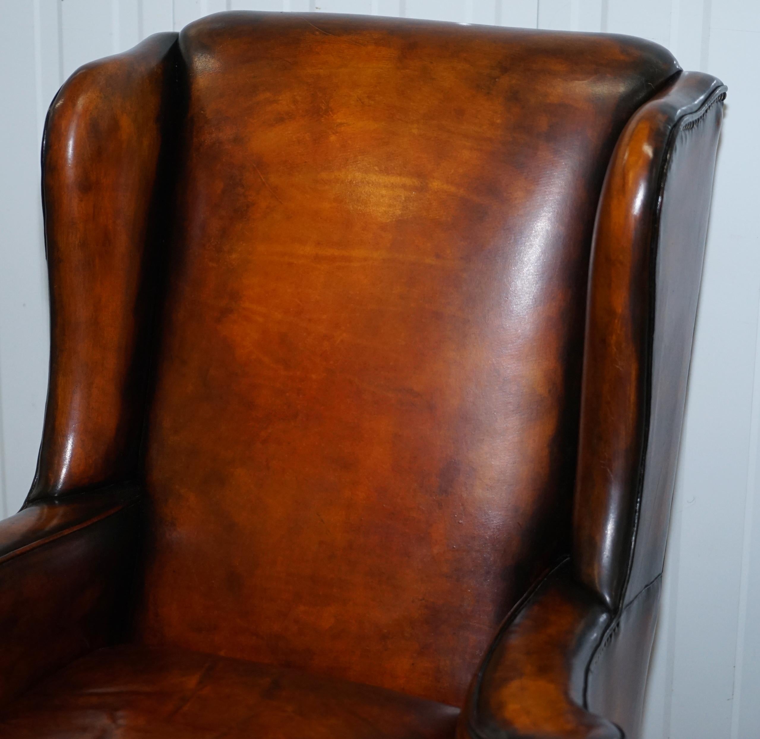 Restored Pair of 18th Century George III Style Wingback Brown Leather Armchairs 4