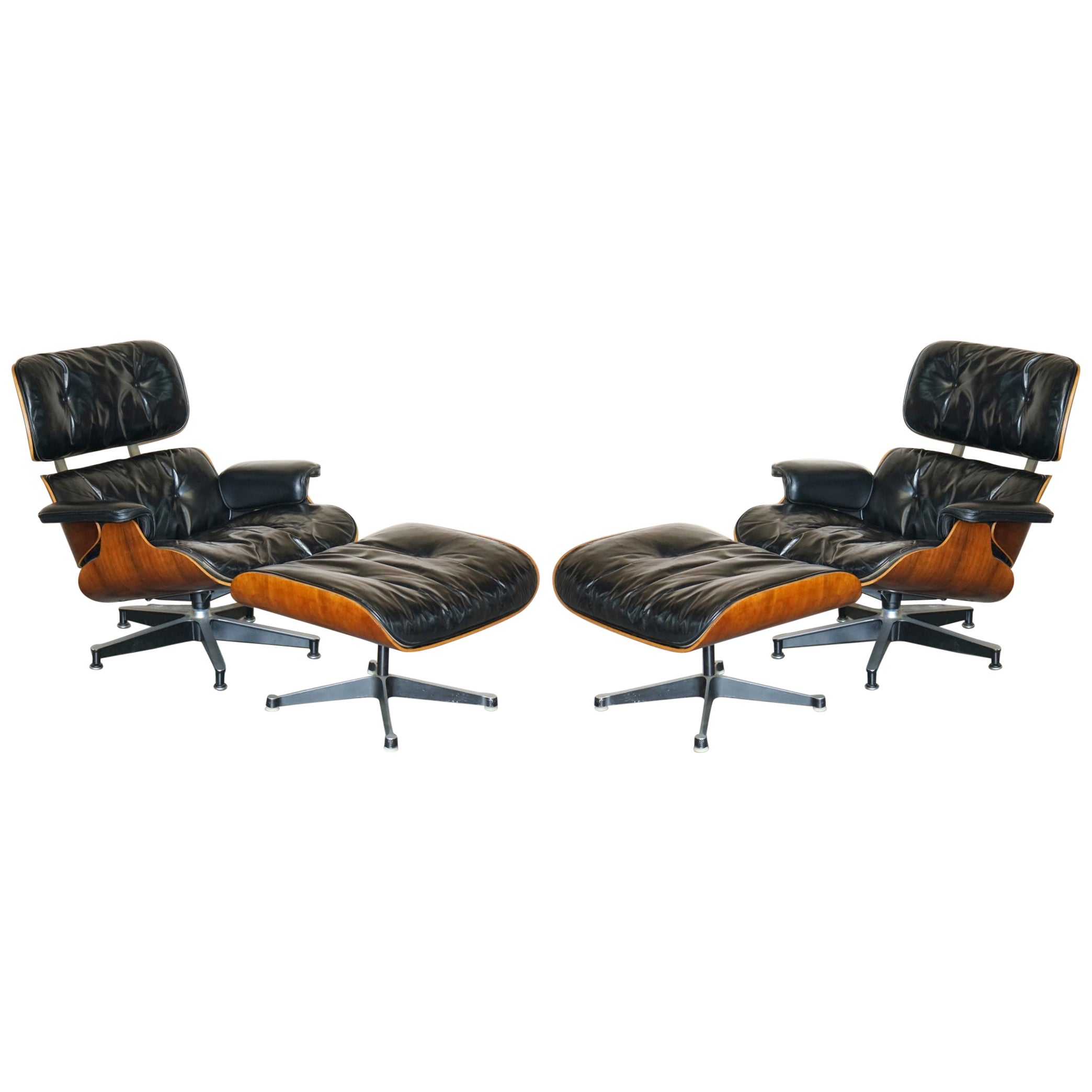 Restored Pair of 1960 Herman Miller No1 Hardwood Eames Lounge Armchairs Ottomans