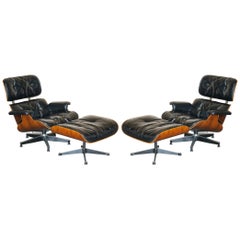 Restored Pair of 1960 Herman Miller No1 Hardwood Eames Lounge Armchairs Ottomans