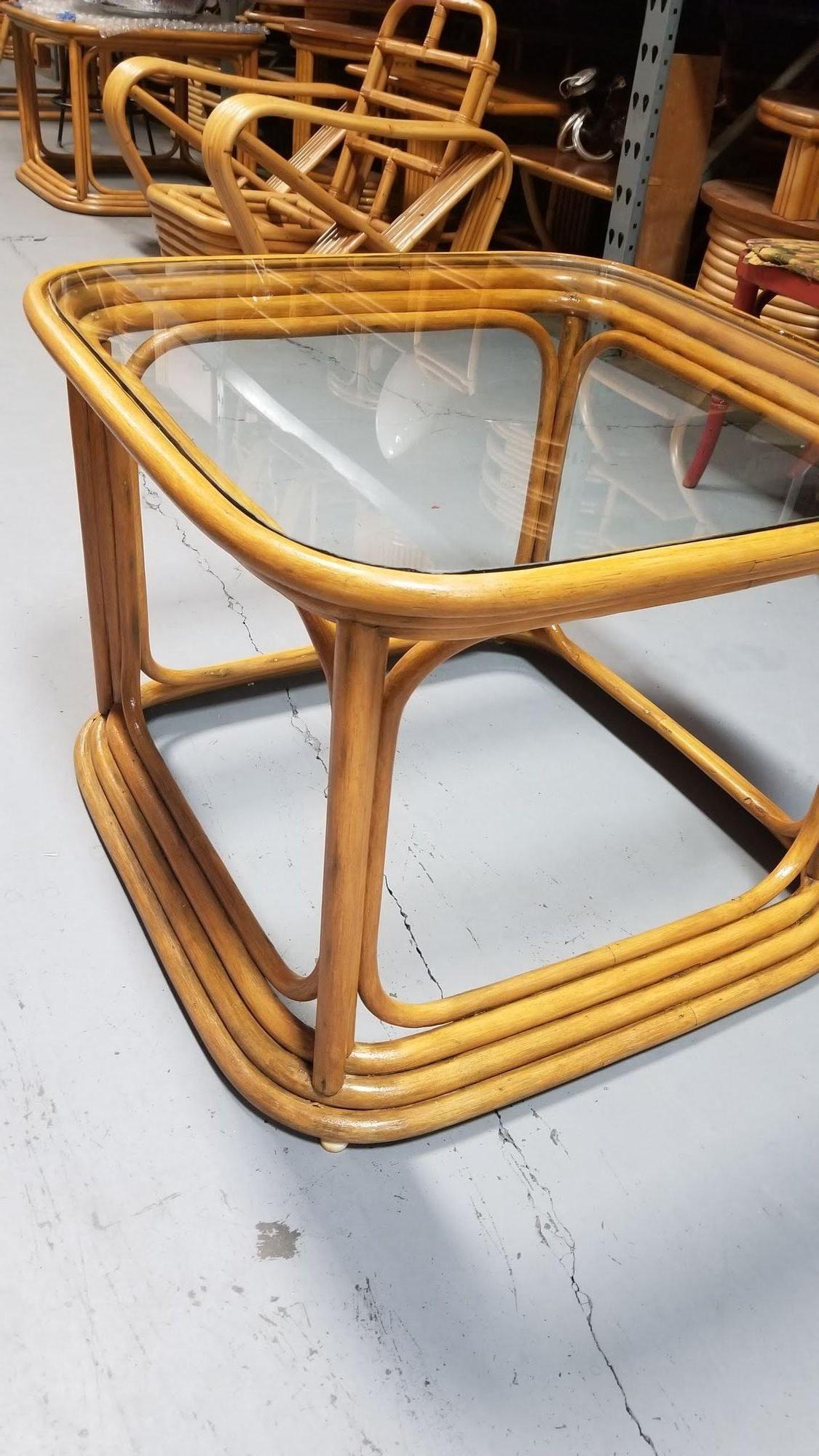 Mid-20th Century Restored Pair of 4-Strand Rattan Cubist Legs Coffee Table with Glass Tops For Sale