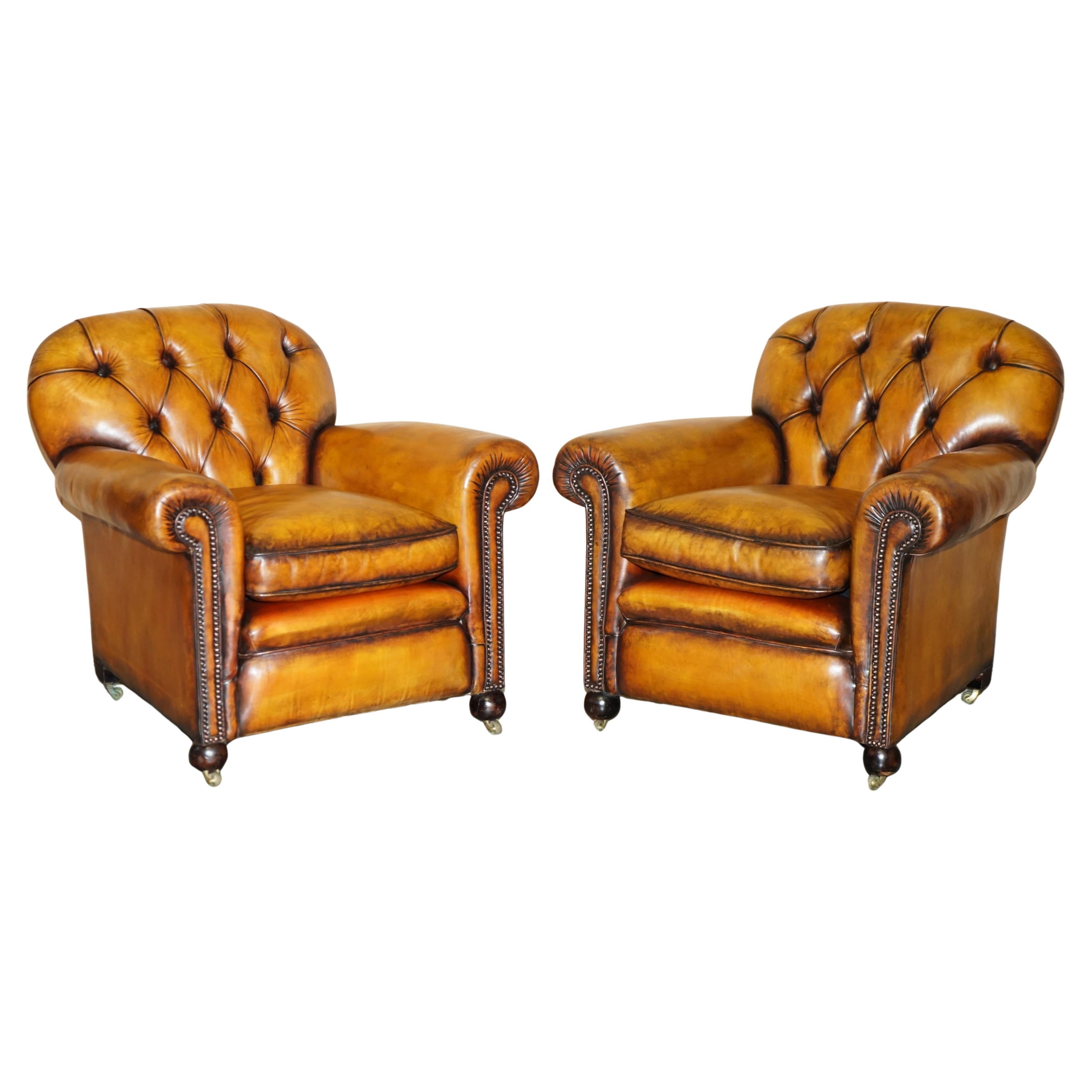 RESTORED PAIR OF ANTIQUE CHESTERFIELD VICTORIAN BROWN LEATHER CLUB ARMCHAIRs