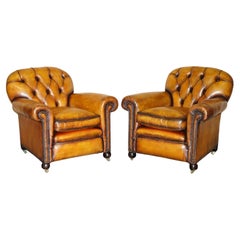 RESTORED PAIR OF ANTIQUE CHESTERFIELD VICTORIAN BROWN LEATHER CLUB ARMCHAIRs
