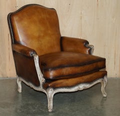 RESTORED PAIR OF ANTIQUE ORIGINAL PAINT BROWN LEATHER FRENCH LOUIS XV ARMCHAIRs