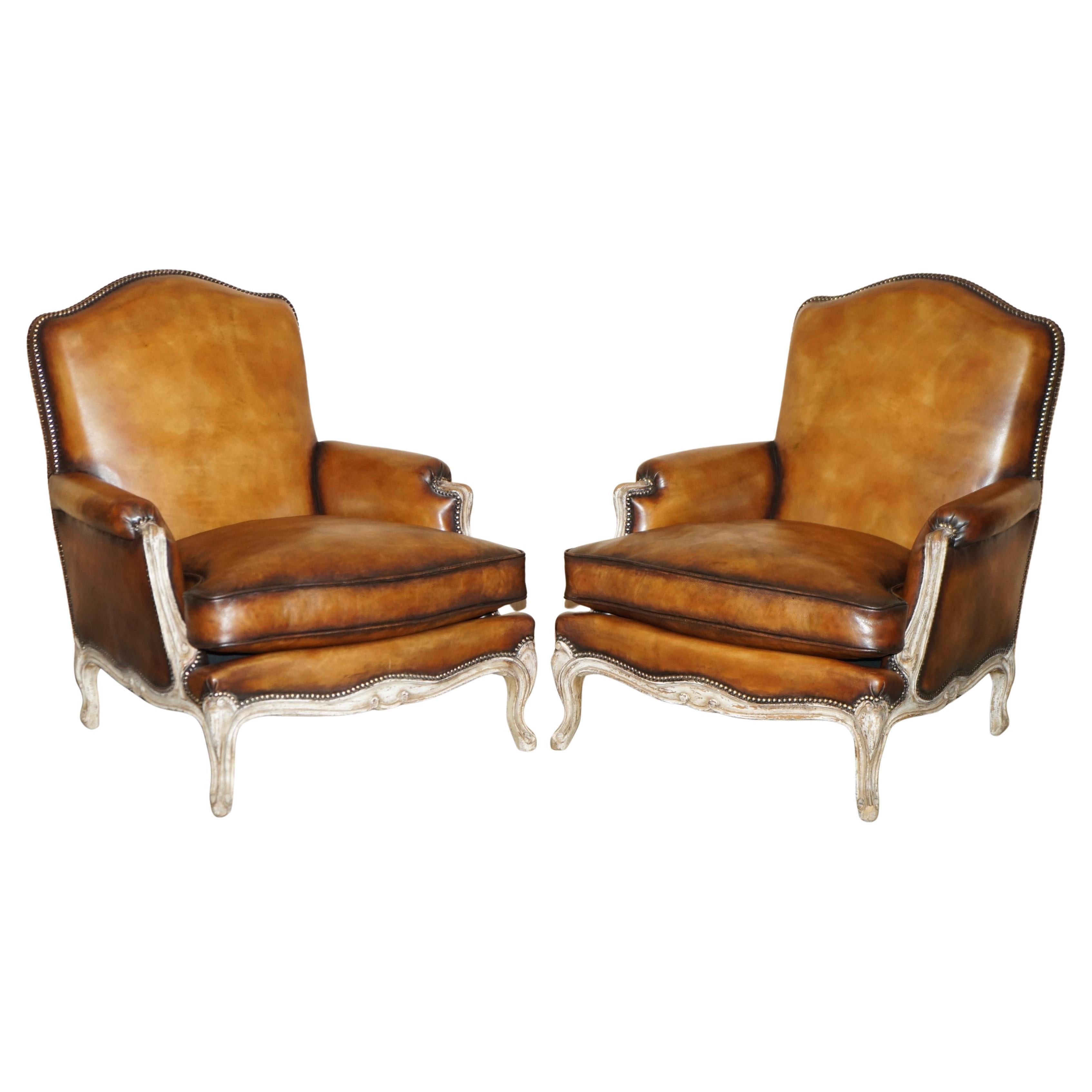 RESTORED PAIR OF ANTIQUE ORIGINAL PAINT BROWN LEATHER FRENCH LOUIS XV ARMCHAIRs
