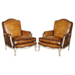 RESTORED PAIR OF ANTIQUE ORIGINAL PAINT BROWN LEATHER FRENCH LOUIS XV ARMCHAIRs