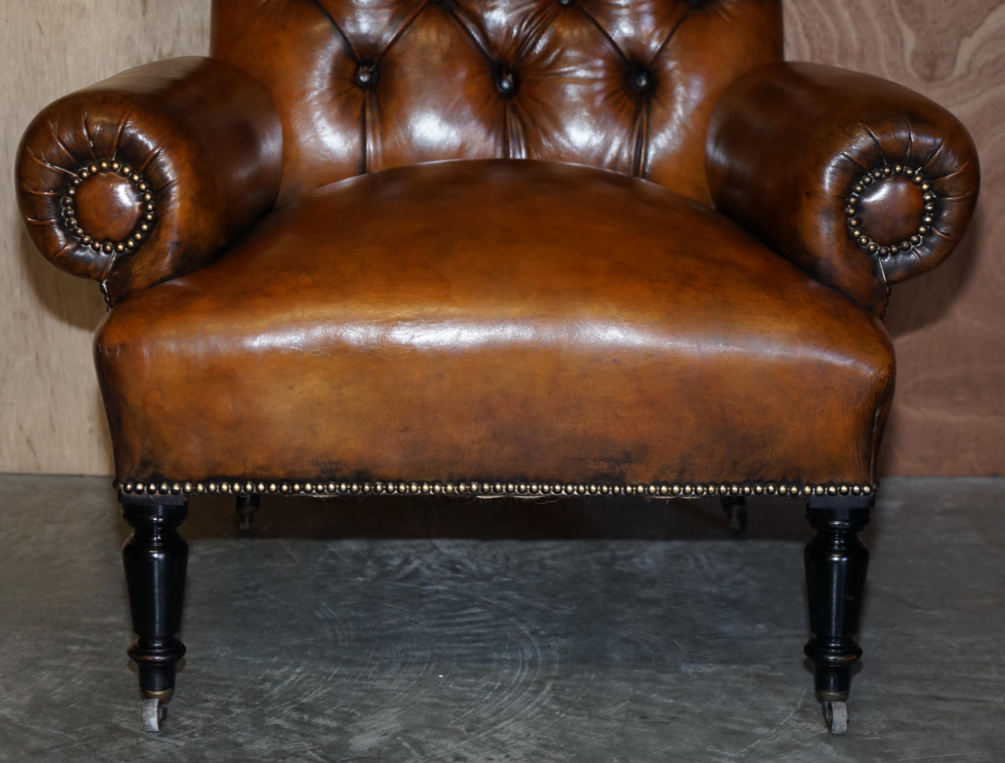 Restored Pair of Antique Regency Bolster Arm Brown Leather Library Armchairs For Sale 5