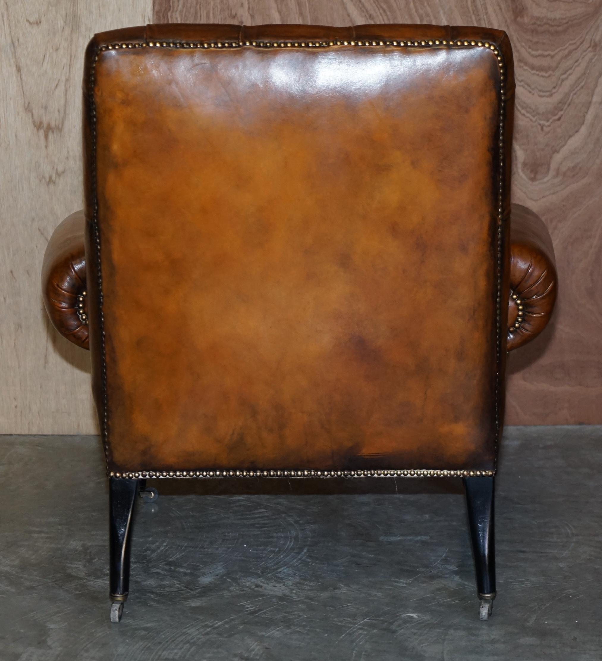 Restored Pair of Antique Regency Bolster Arm Brown Leather Library Armchairs For Sale 8