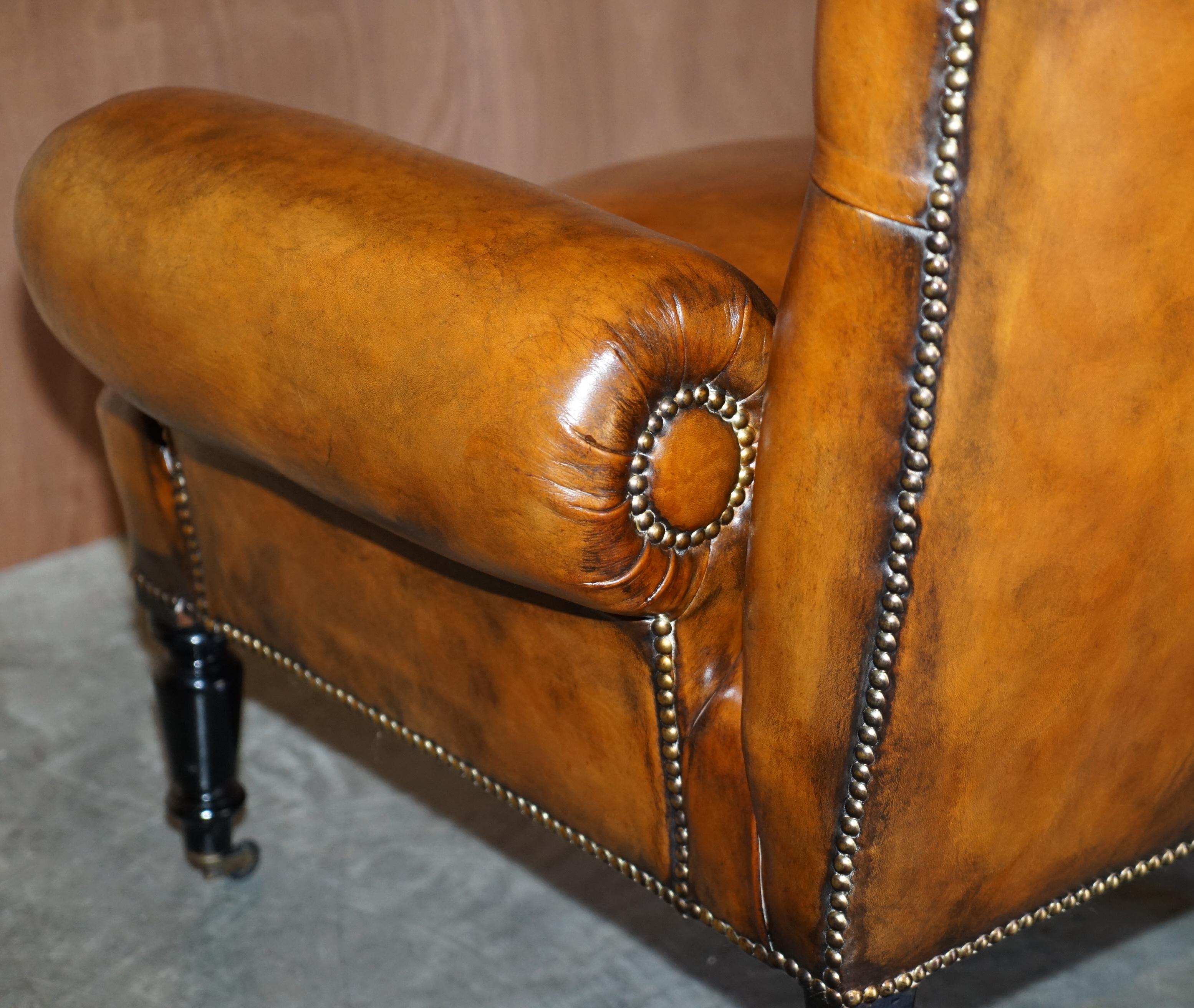 Restored Pair of Antique Regency Bolster Arm Brown Leather Library Armchairs For Sale 9