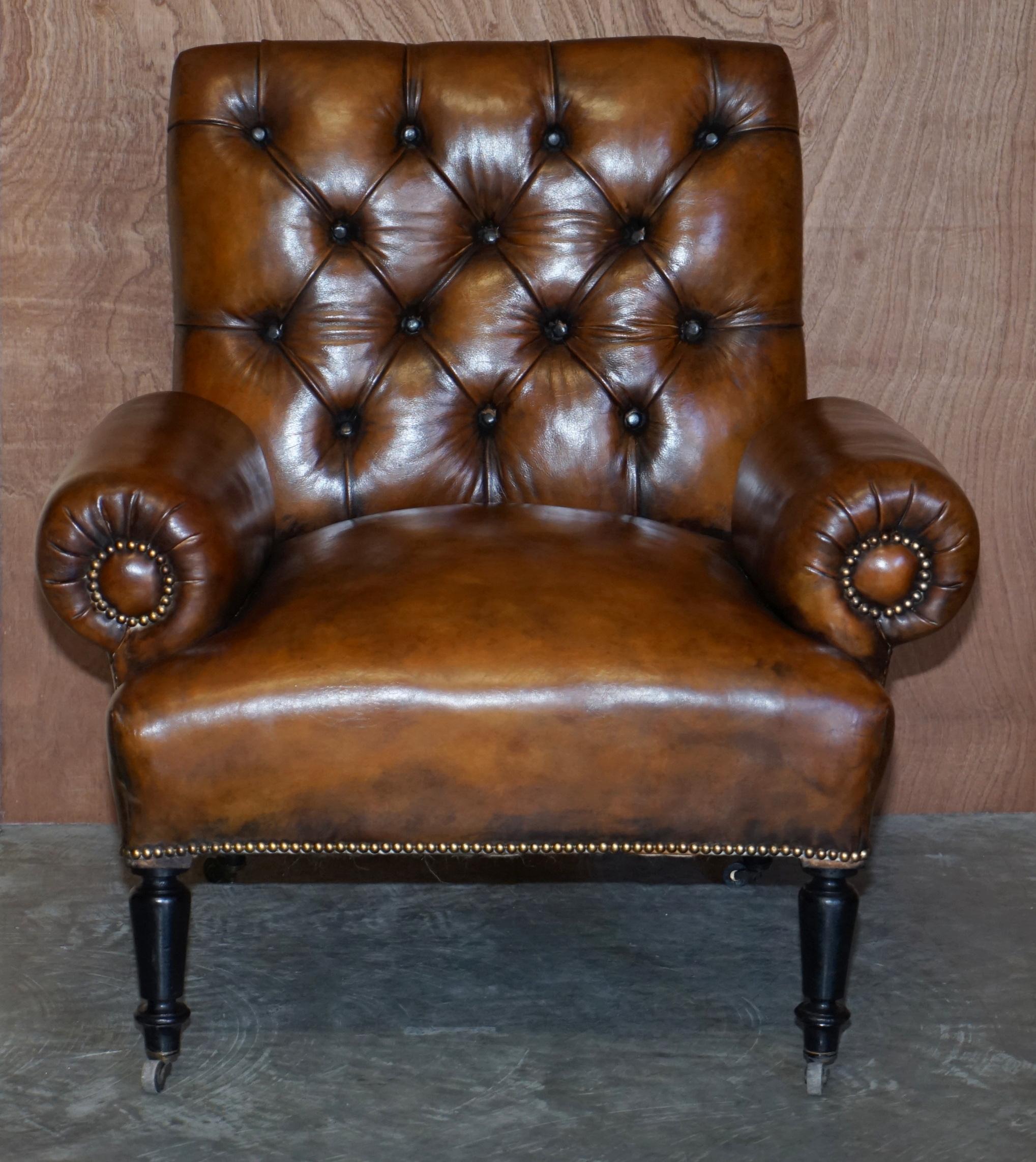 Restored Pair of Antique Regency Bolster Arm Brown Leather Library Armchairs For Sale 11