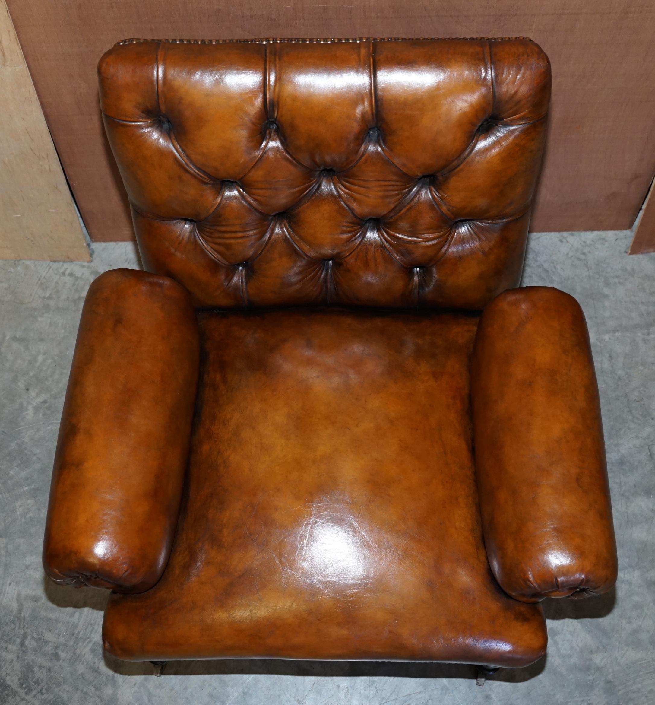 Restored Pair of Antique Regency Bolster Arm Brown Leather Library Armchairs For Sale 13