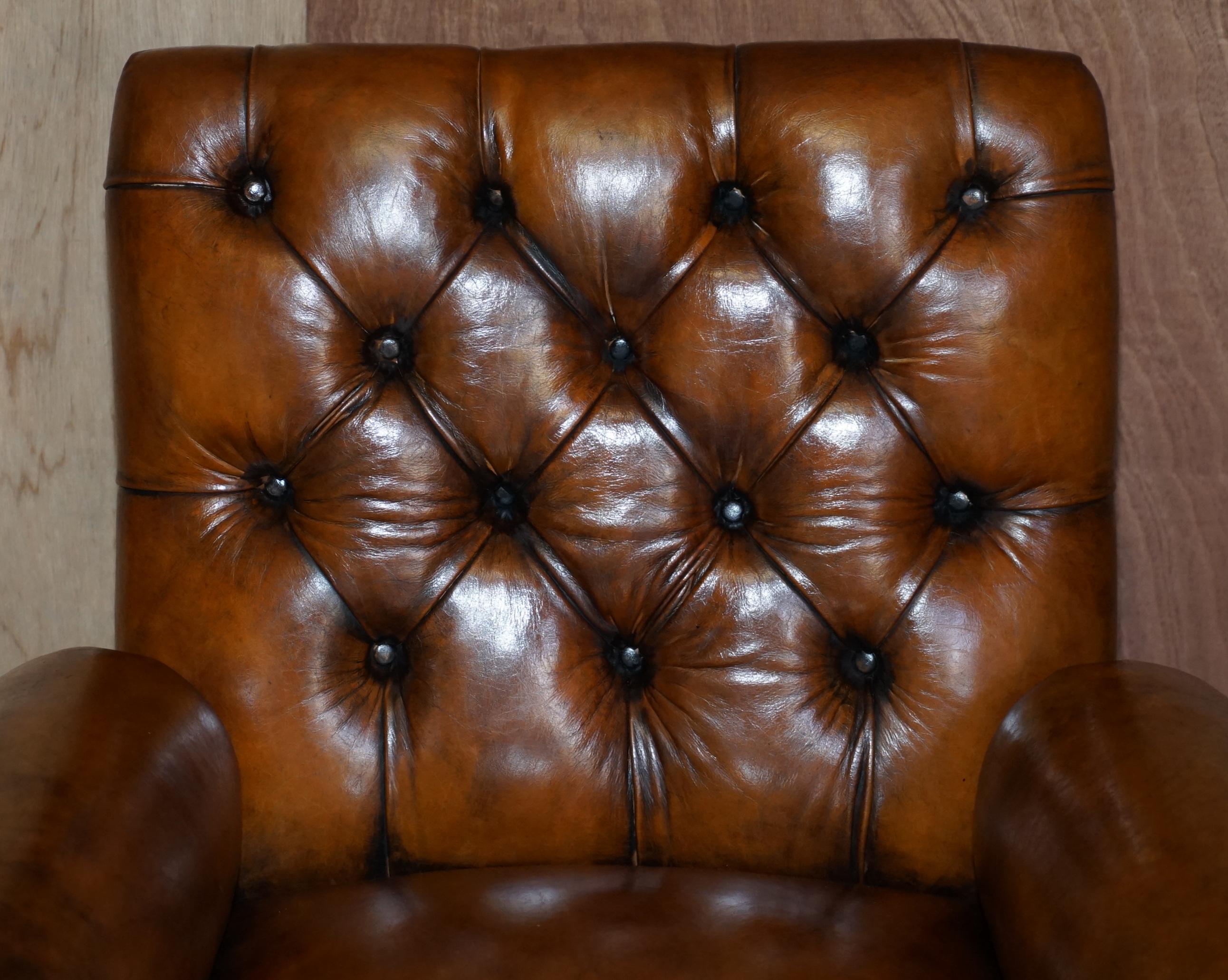 Hand-Crafted Restored Pair of Antique Regency Bolster Arm Brown Leather Library Armchairs For Sale