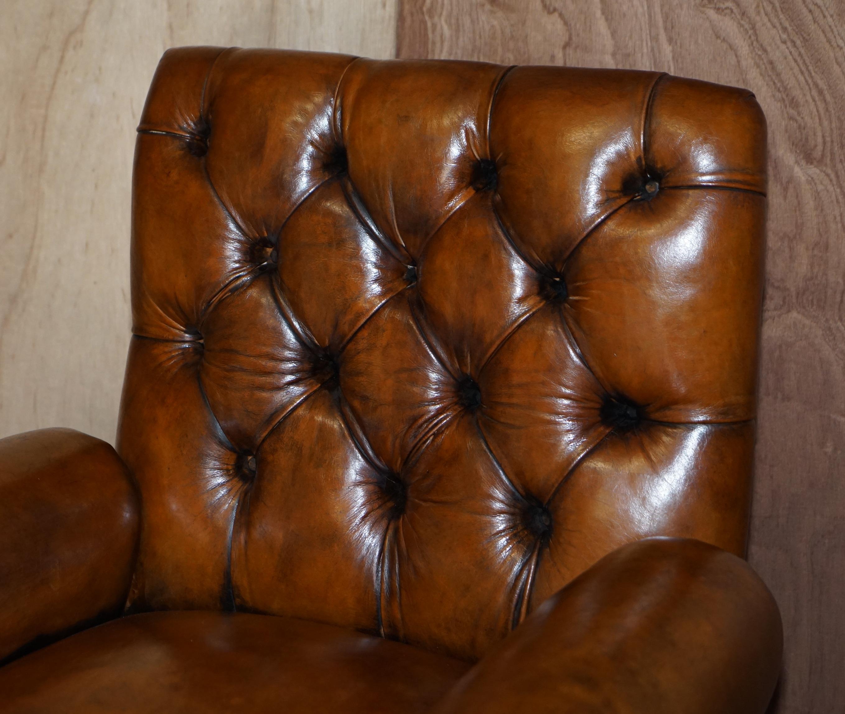 Early 19th Century Restored Pair of Antique Regency Bolster Arm Brown Leather Library Armchairs For Sale