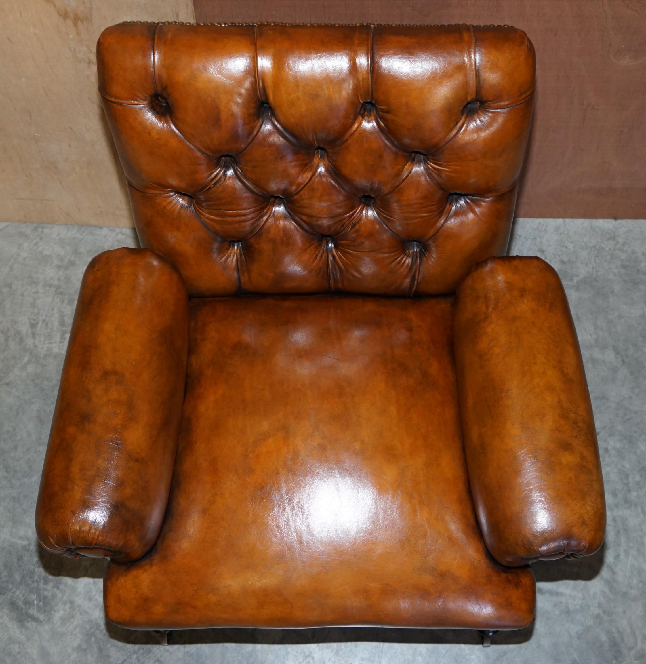 Restored Pair of Antique Regency Bolster Arm Brown Leather Library Armchairs For Sale 1