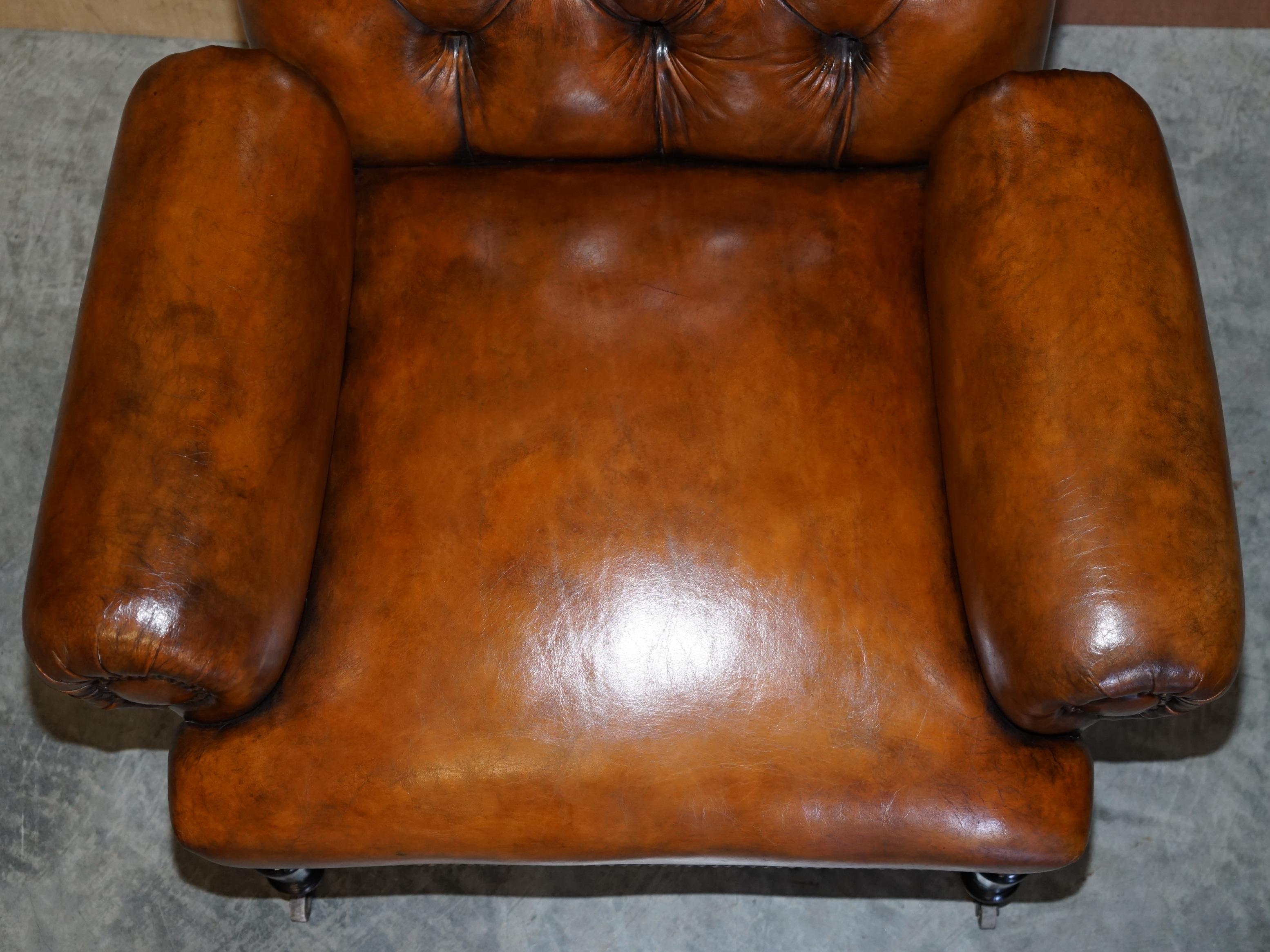 Restored Pair of Antique Regency Bolster Arm Brown Leather Library Armchairs For Sale 2
