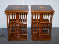 RESTORED PAIR OF ANTIQUE STYLE SHERATON REVIVAL BURR WALNUT BOOKCASES SiDE TABLE