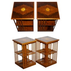RESTORED PAIR OF ANTIQUE STYLE SHERATON REVIVAL BURR WALNUT BOOKCASES SiDE TABLE