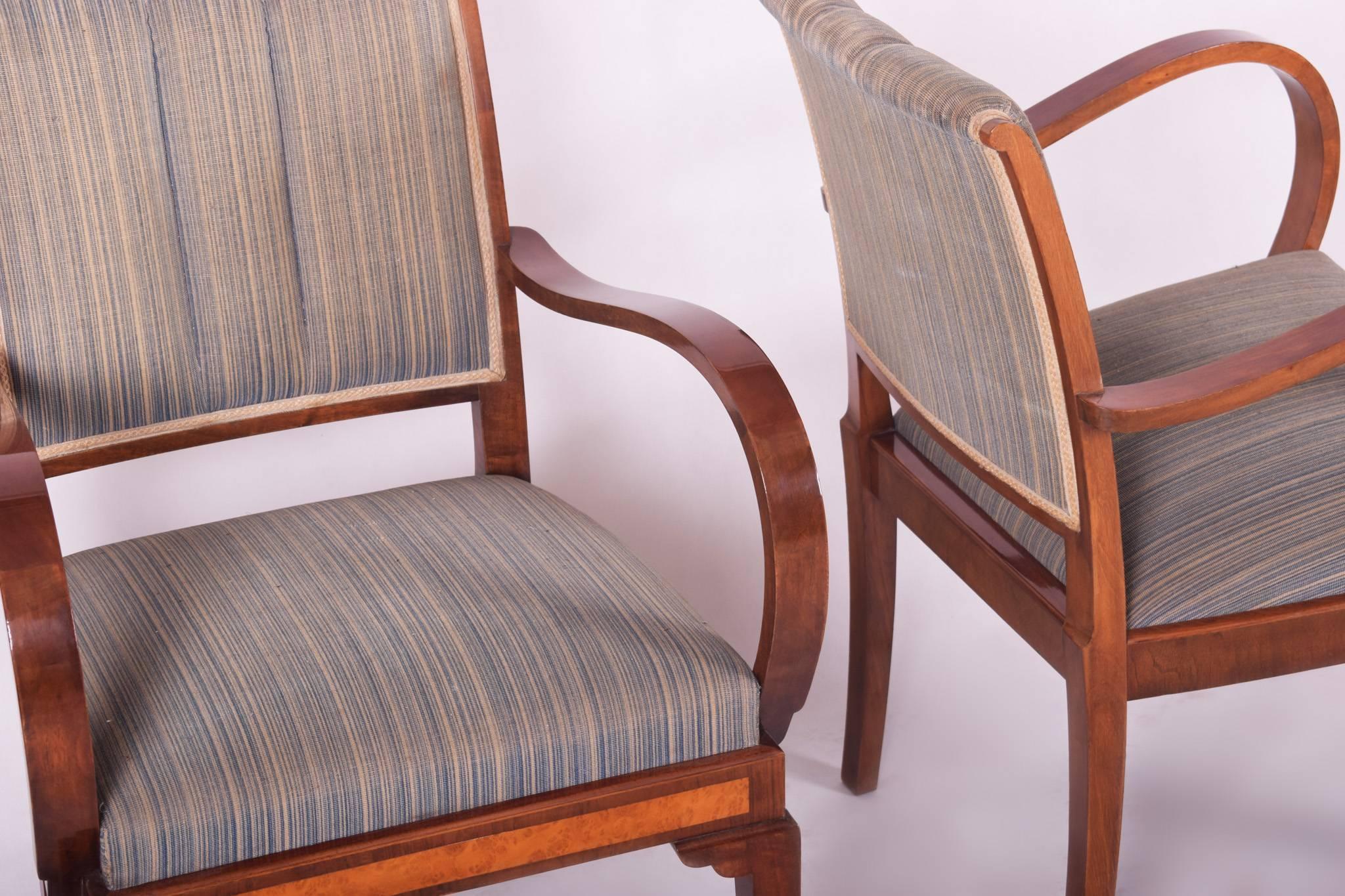 Czech Restored Pair of Art Deco Armchairs, Original Preserved Fabric, Shellac Polish For Sale