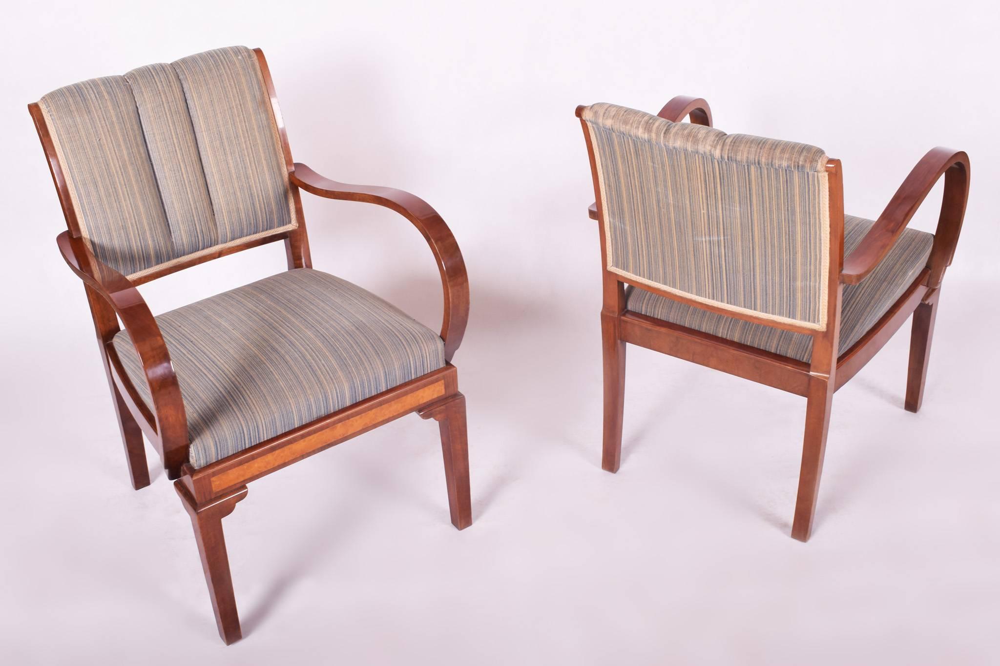 Mid-20th Century Restored Pair of Art Deco Armchairs, Original Preserved Fabric, Shellac Polish For Sale