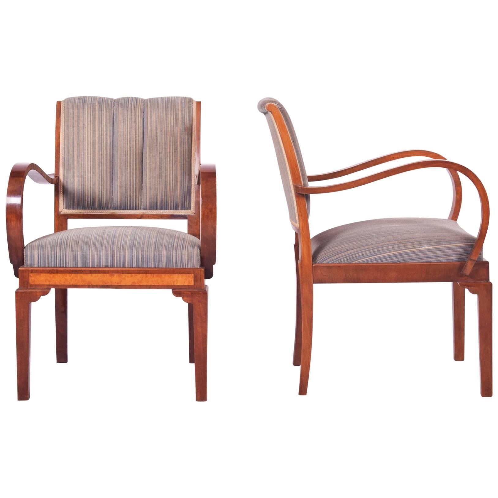 Restored Pair of Art Deco Armchairs, Original Preserved Fabric, Shellac Polish For Sale