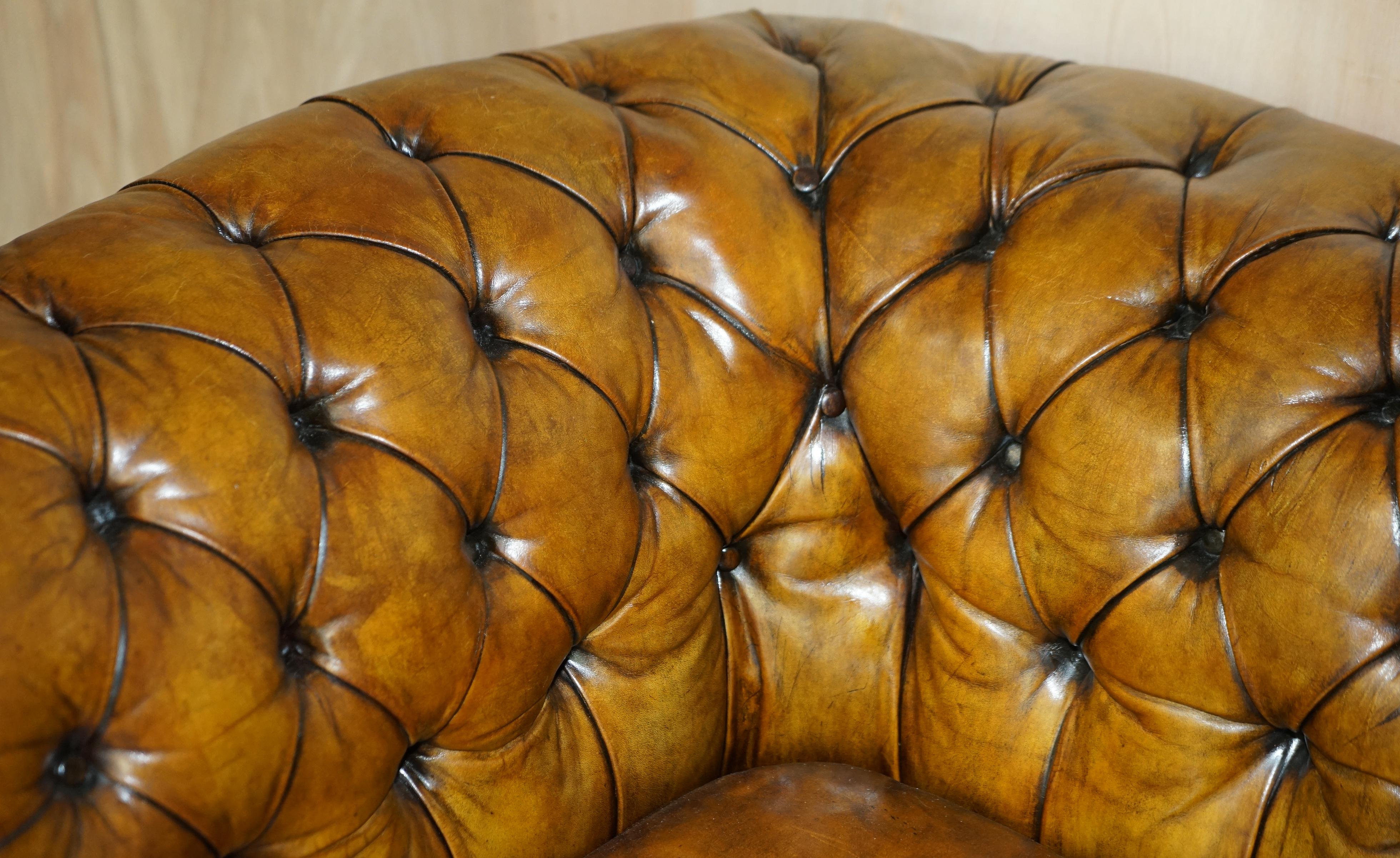 Restored Pair of circa 1900 Hand Dyed Aged Brown Leather Chesterfield Armchairs 4