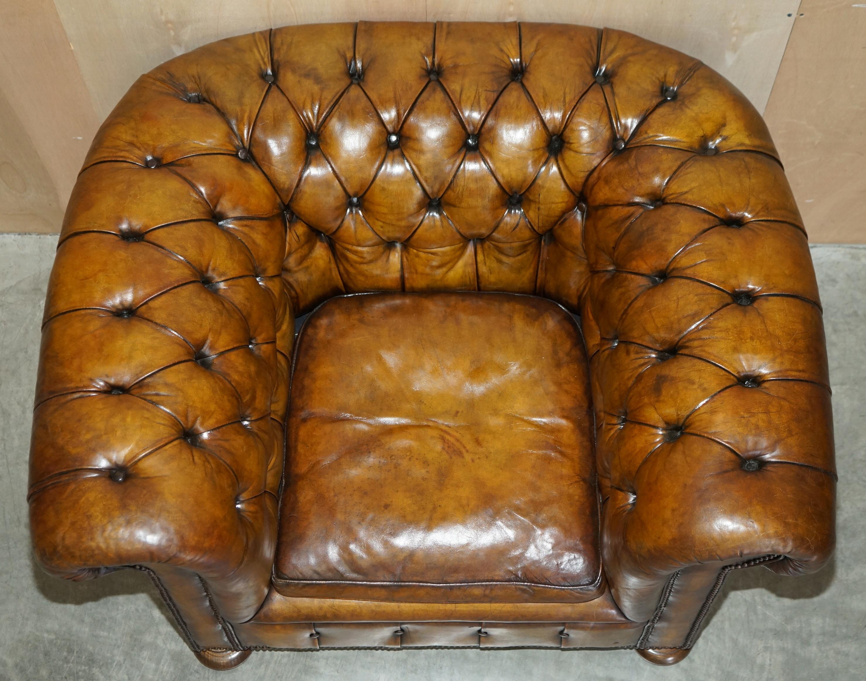 Restored Pair of circa 1900 Hand Dyed Aged Brown Leather Chesterfield Armchairs 6
