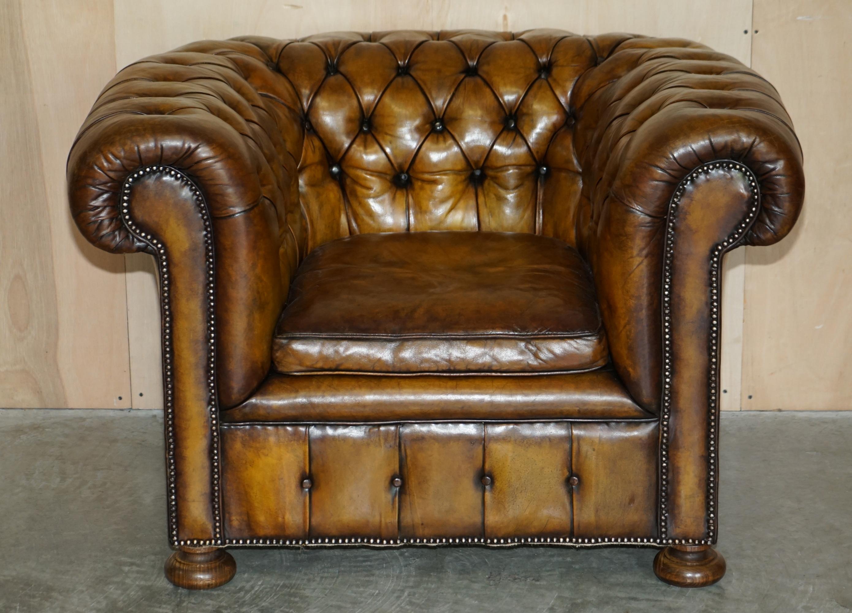 Victorian Restored Pair of circa 1900 Hand Dyed Aged Brown Leather Chesterfield Armchairs