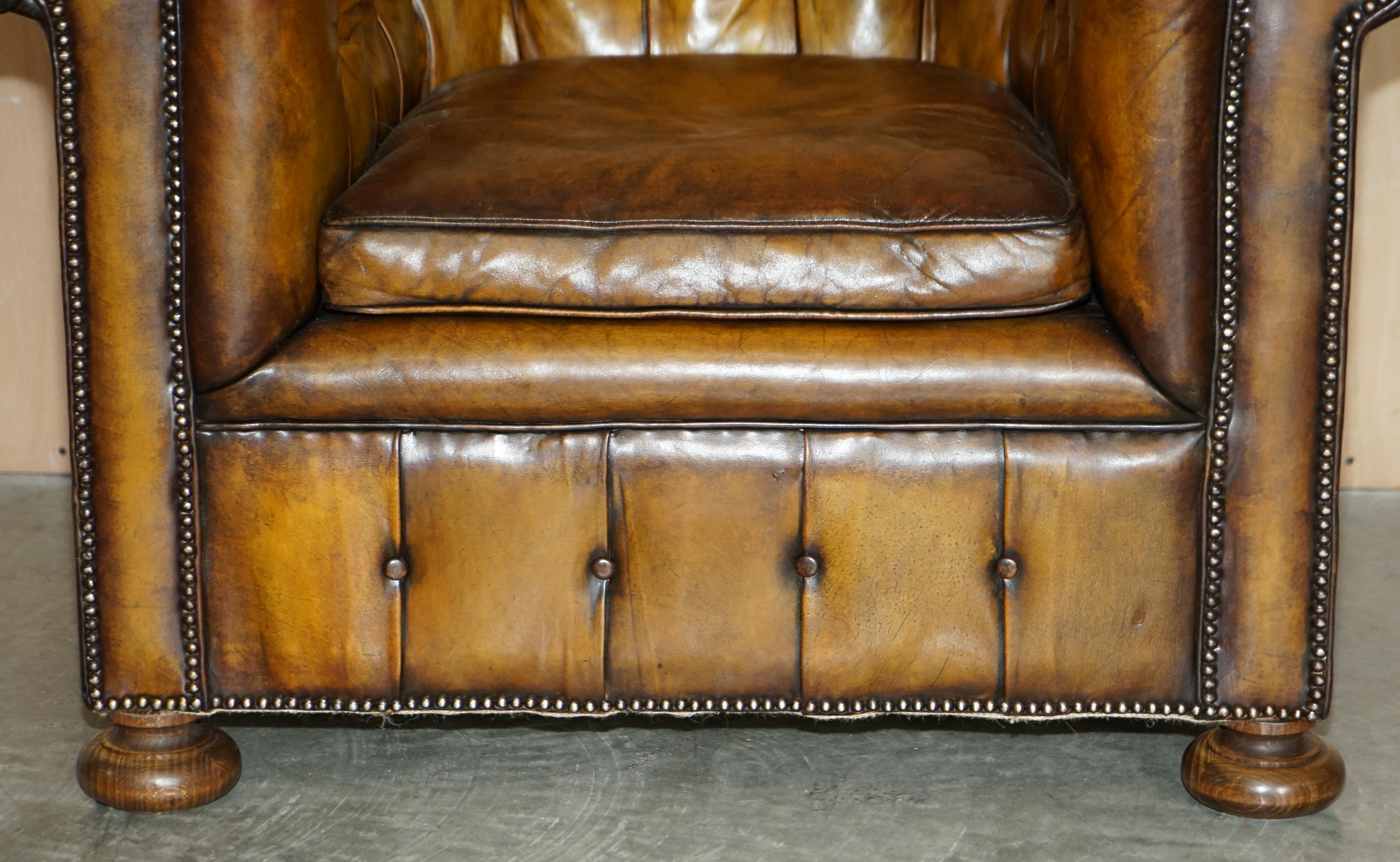 Hand-Crafted Restored Pair of circa 1900 Hand Dyed Aged Brown Leather Chesterfield Armchairs