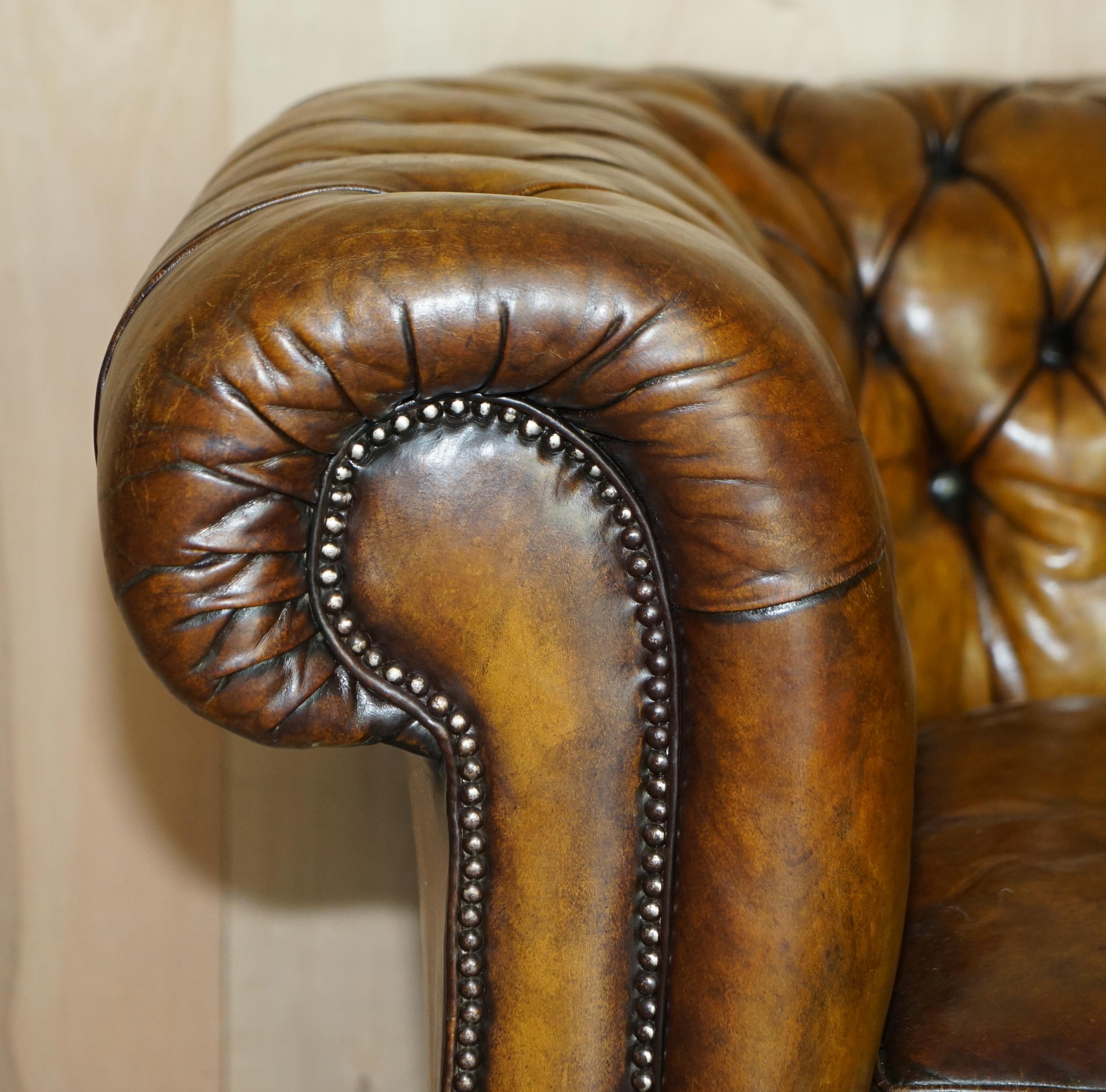 Early 20th Century Restored Pair of circa 1900 Hand Dyed Aged Brown Leather Chesterfield Armchairs