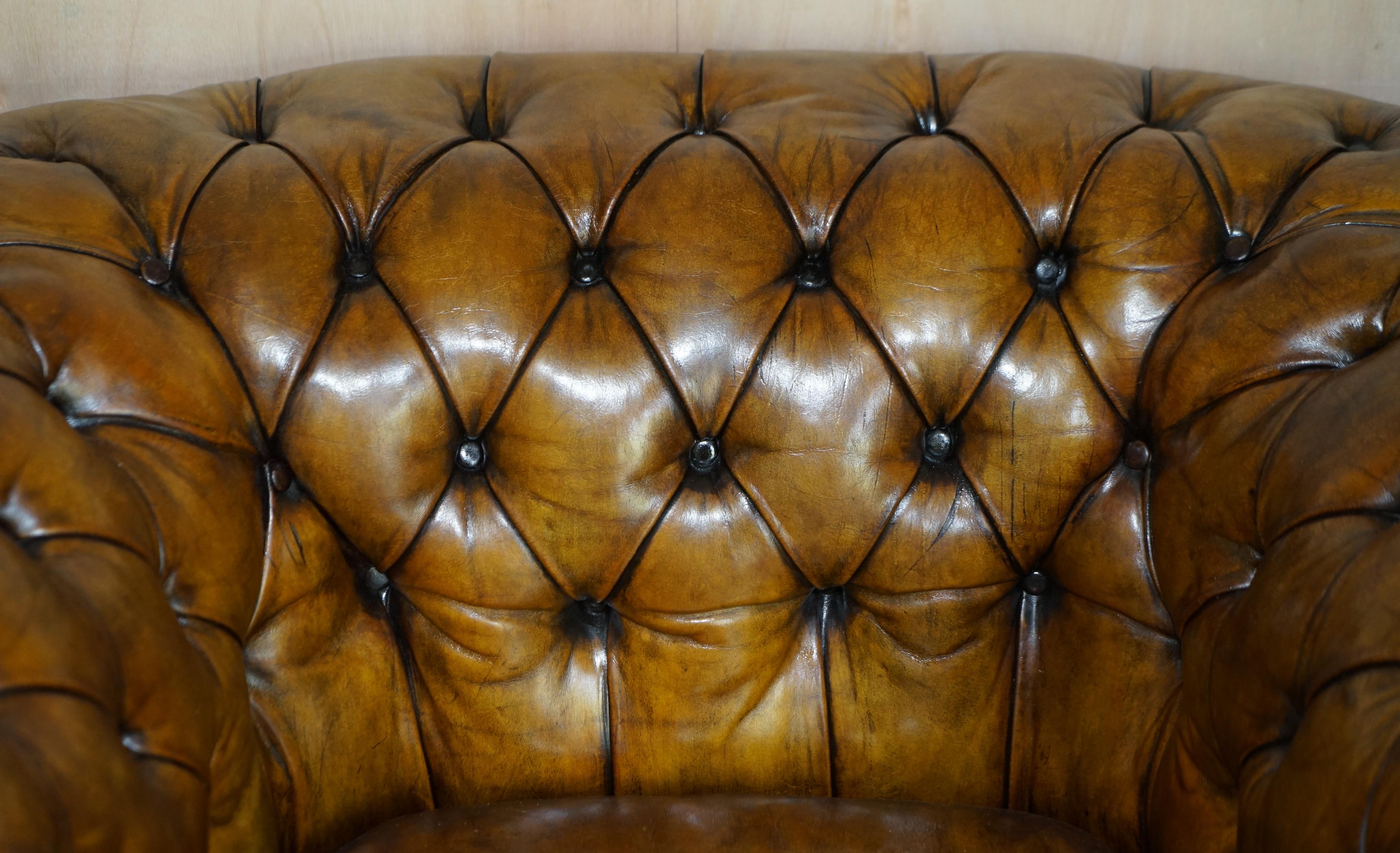 Restored Pair of circa 1900 Hand Dyed Aged Brown Leather Chesterfield Armchairs 2