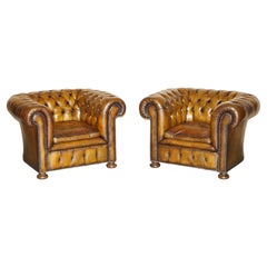 Restored Pair of circa 1900 Hand Dyed Aged Brown Leather Chesterfield Armchairs