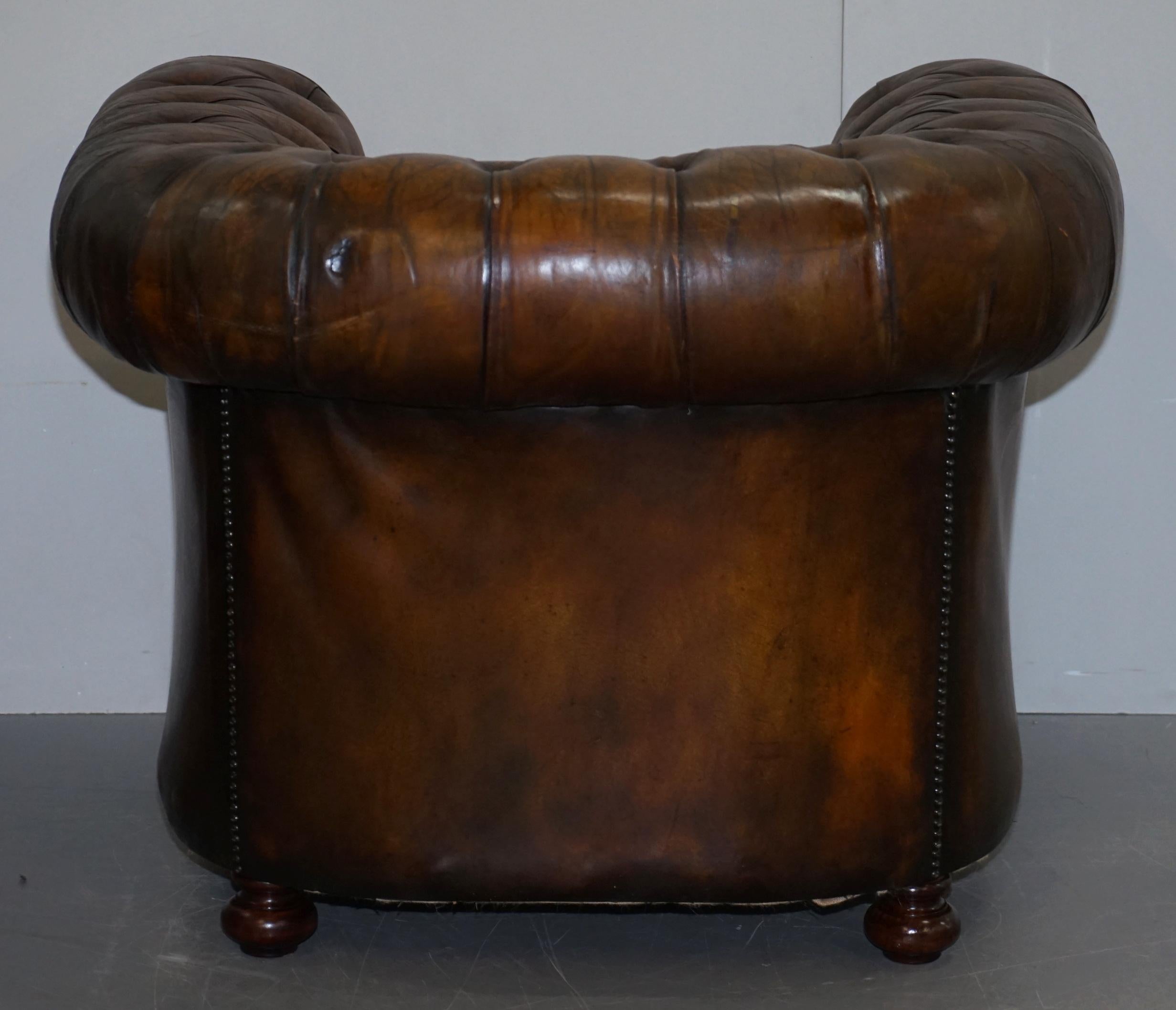 Restored Pair of circa 1900 Hand Dyed Cigar Brown Leather Chesterfield Armchairs 6