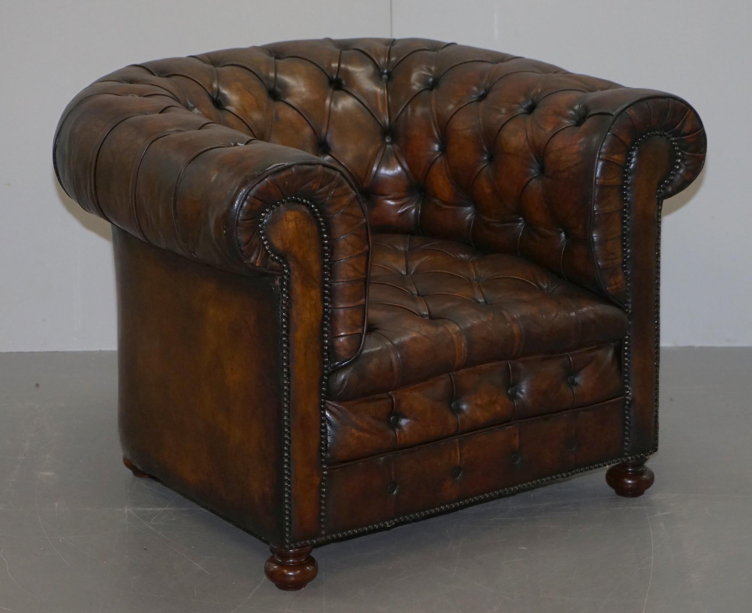 Restored Pair of circa 1900 Hand Dyed Cigar Brown Leather Chesterfield Armchairs 7