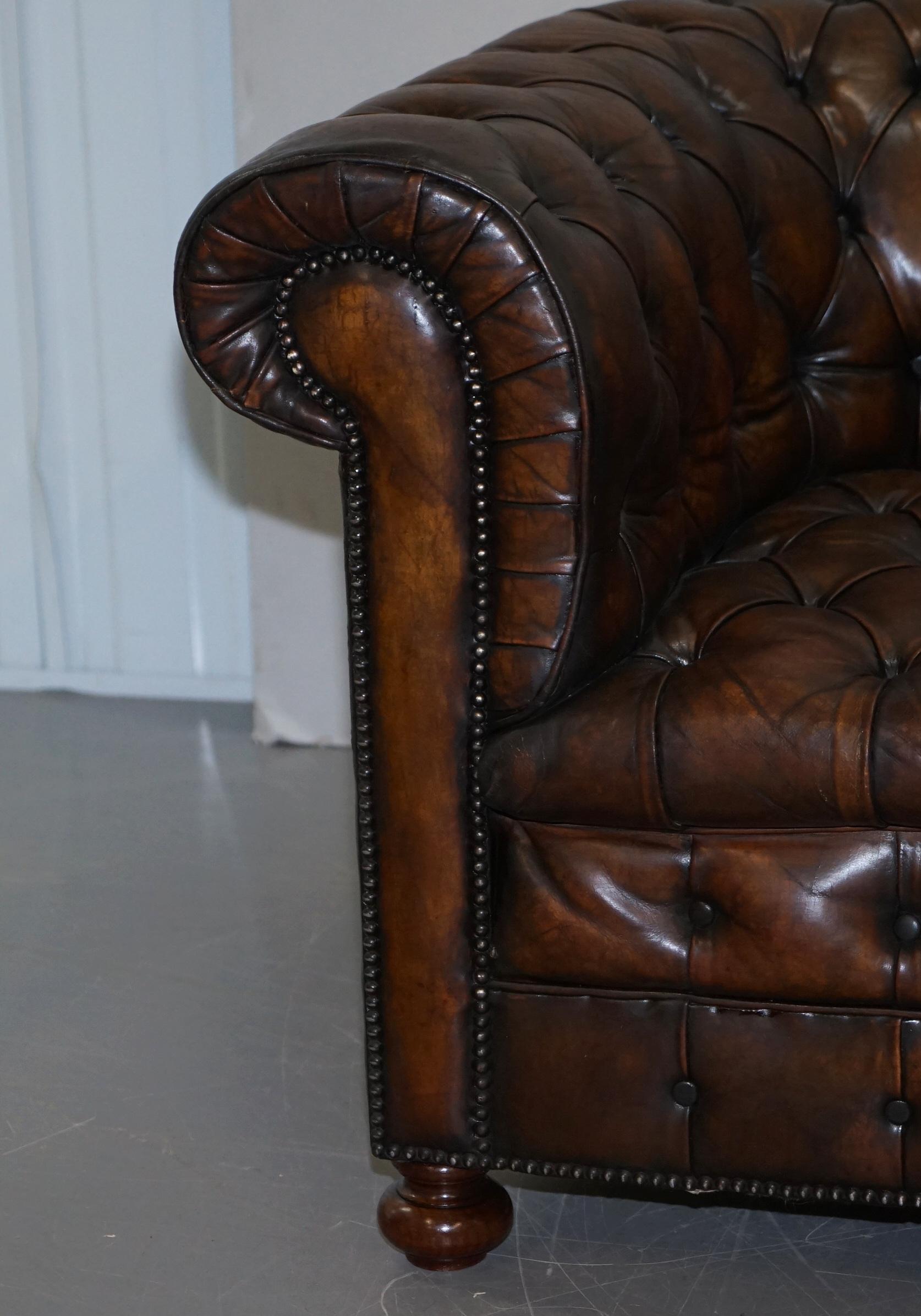 Restored Pair of circa 1900 Hand Dyed Cigar Brown Leather Chesterfield Armchairs 9