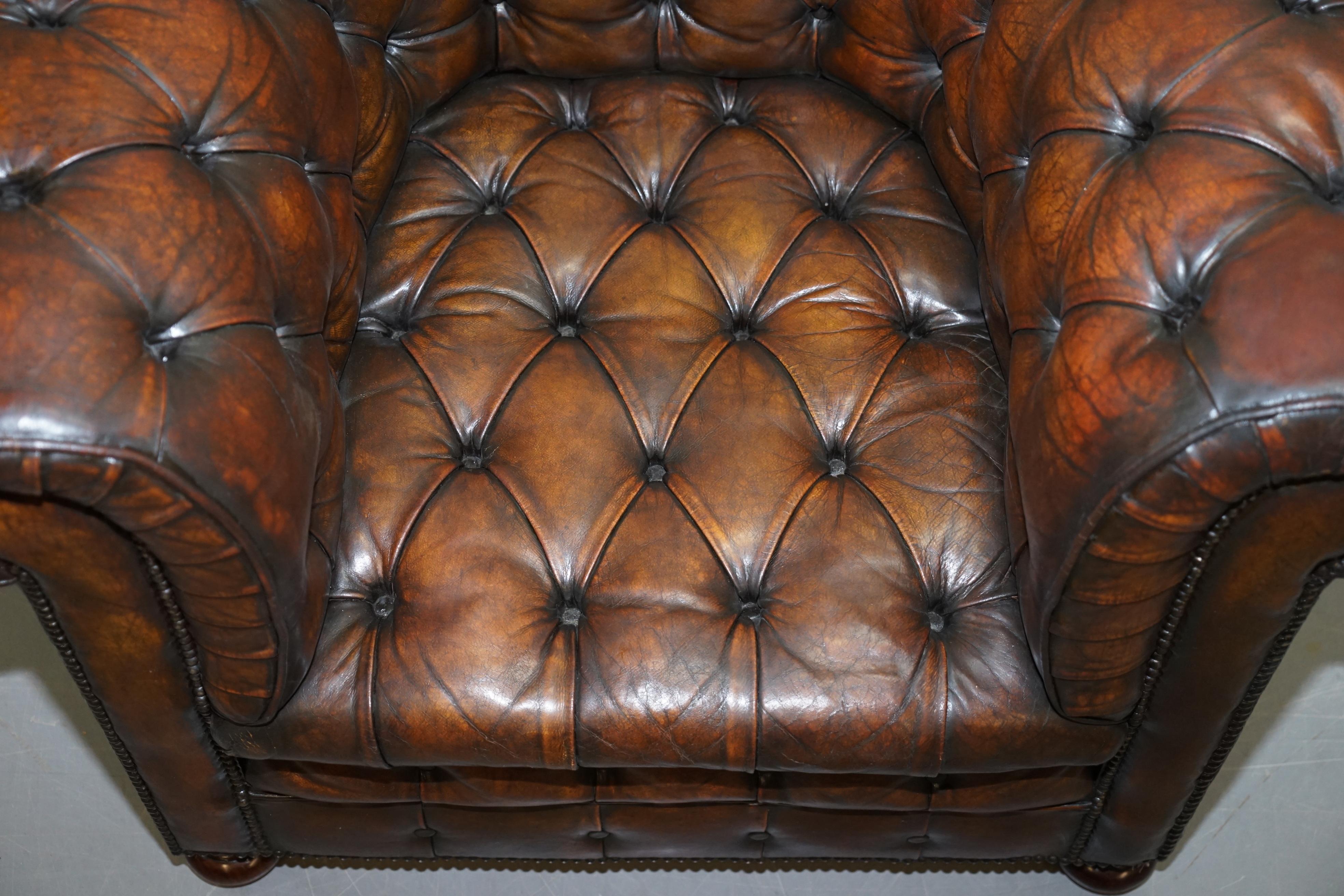 Restored Pair of circa 1900 Hand Dyed Cigar Brown Leather Chesterfield Armchairs 11