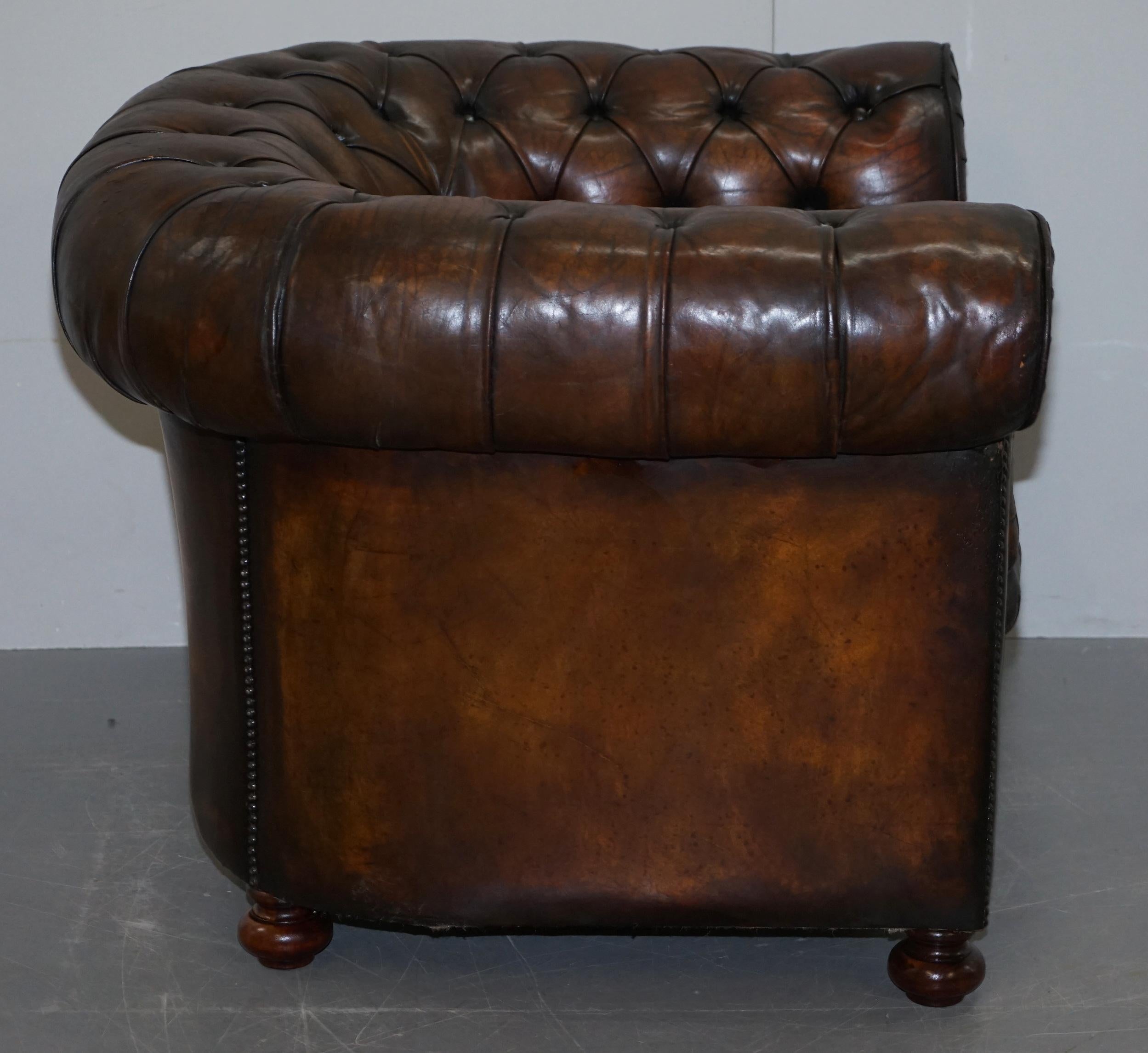 Restored Pair of circa 1900 Hand Dyed Cigar Brown Leather Chesterfield Armchairs 12