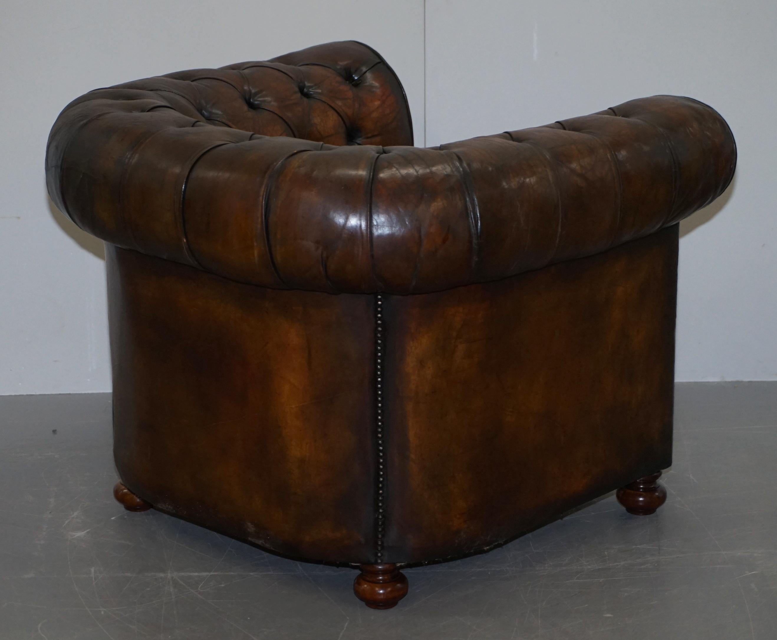 Restored Pair of circa 1900 Hand Dyed Cigar Brown Leather Chesterfield Armchairs 13