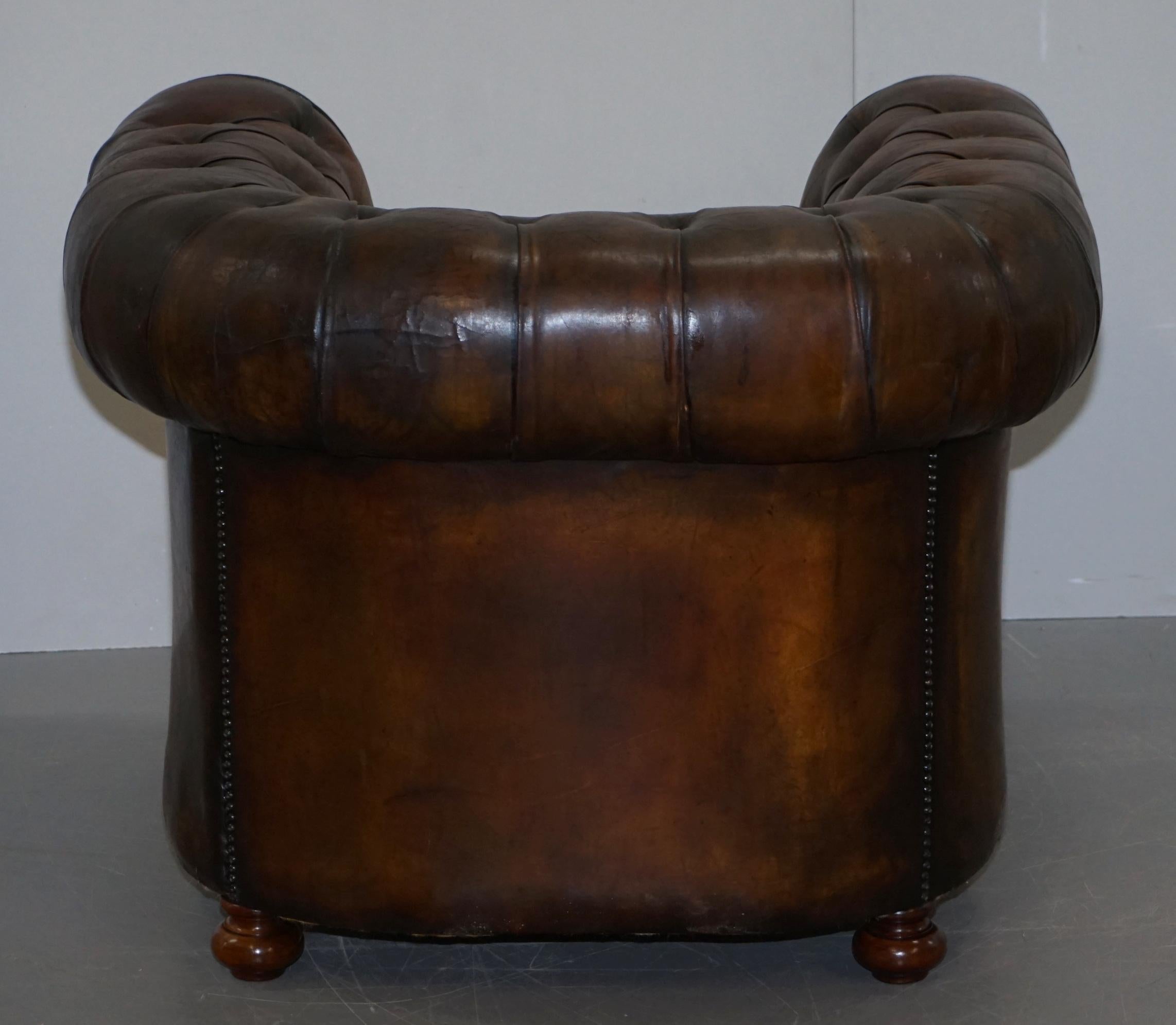 Restored Pair of circa 1900 Hand Dyed Cigar Brown Leather Chesterfield Armchairs 14
