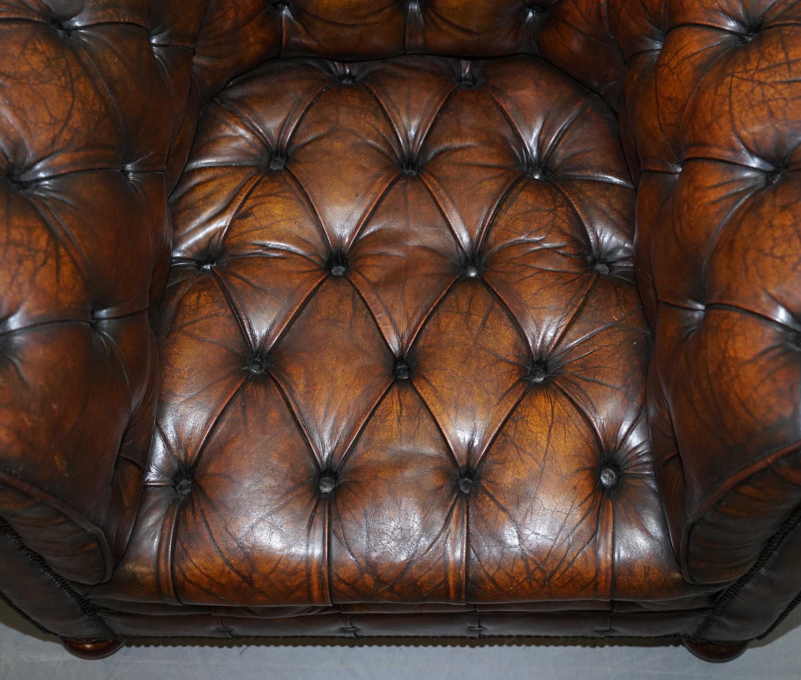 Hand-Crafted Restored Pair of circa 1900 Hand Dyed Cigar Brown Leather Chesterfield Armchairs