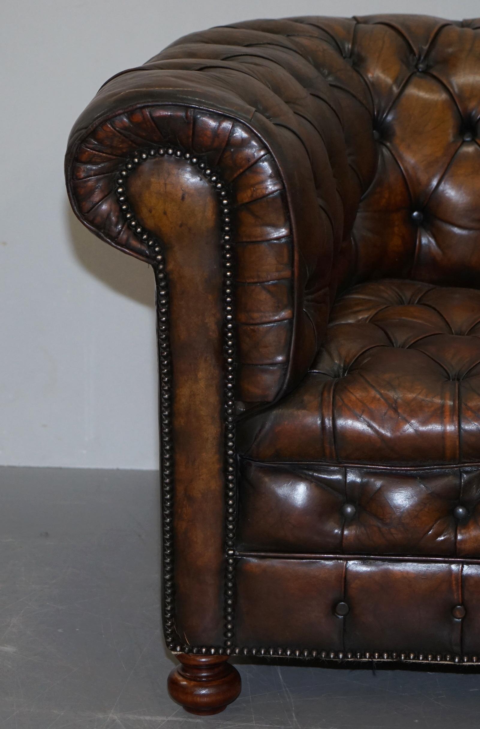 Restored Pair of circa 1900 Hand Dyed Cigar Brown Leather Chesterfield Armchairs 2